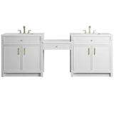 Bellshire 96" Dual Vanity Set with 24" Make-Up Counter, Bright White w/3 cm White Zeus Silestone Top