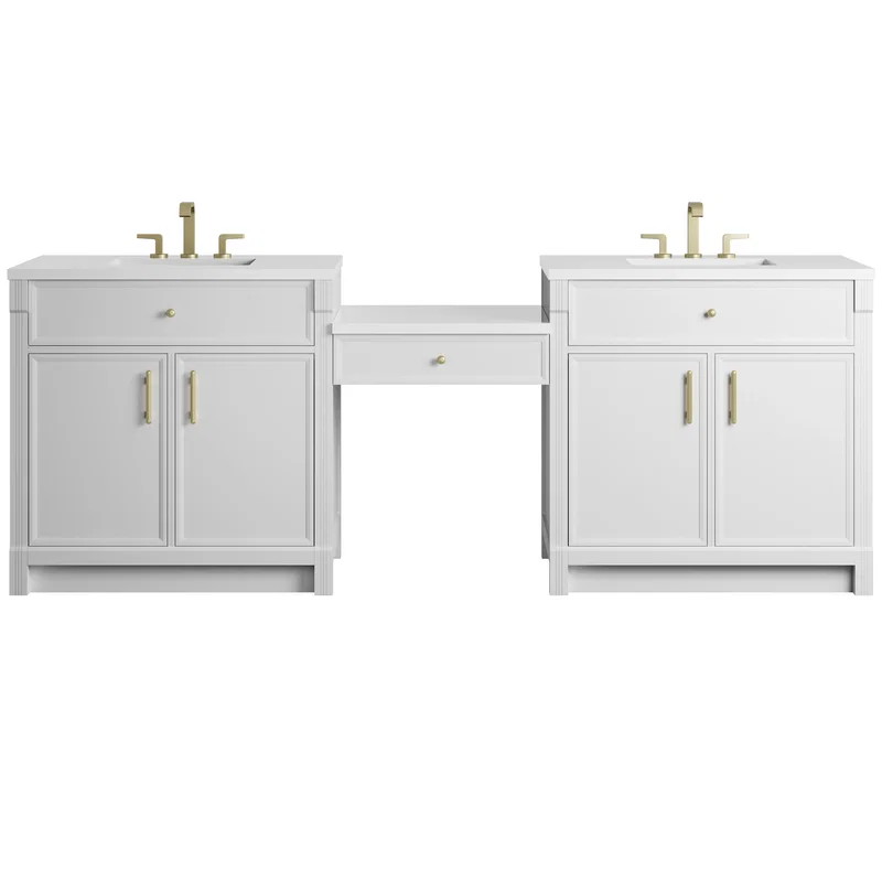 Bellshire 96" Dual Vanity Set with 24" Make-Up Counter, Bright White w/3 cm White Zeus Silestone Top