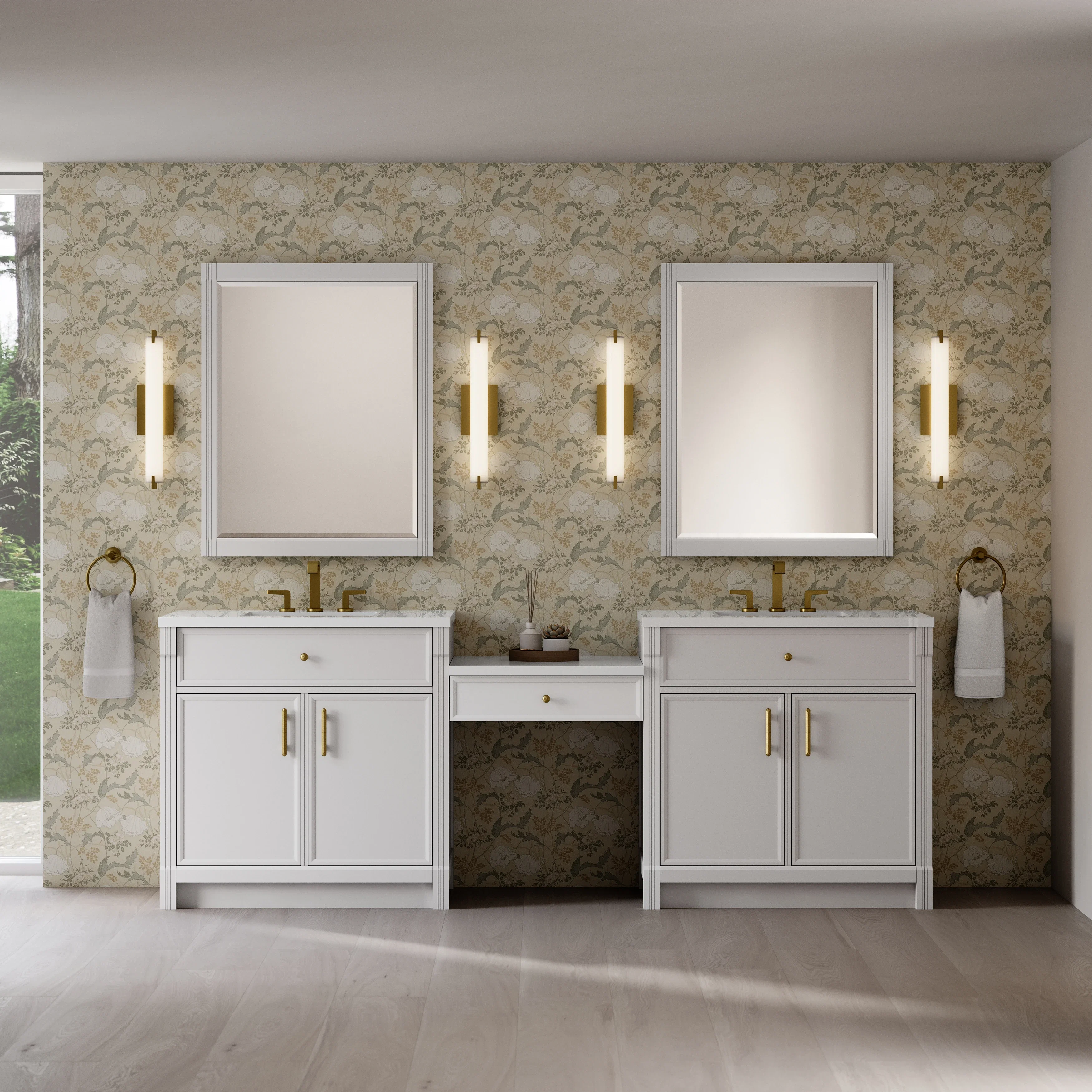 Bellshire 96" Dual Vanity Set with 24" Make-Up Counter, Bright White w/3 cm White Zeus Silestone Top