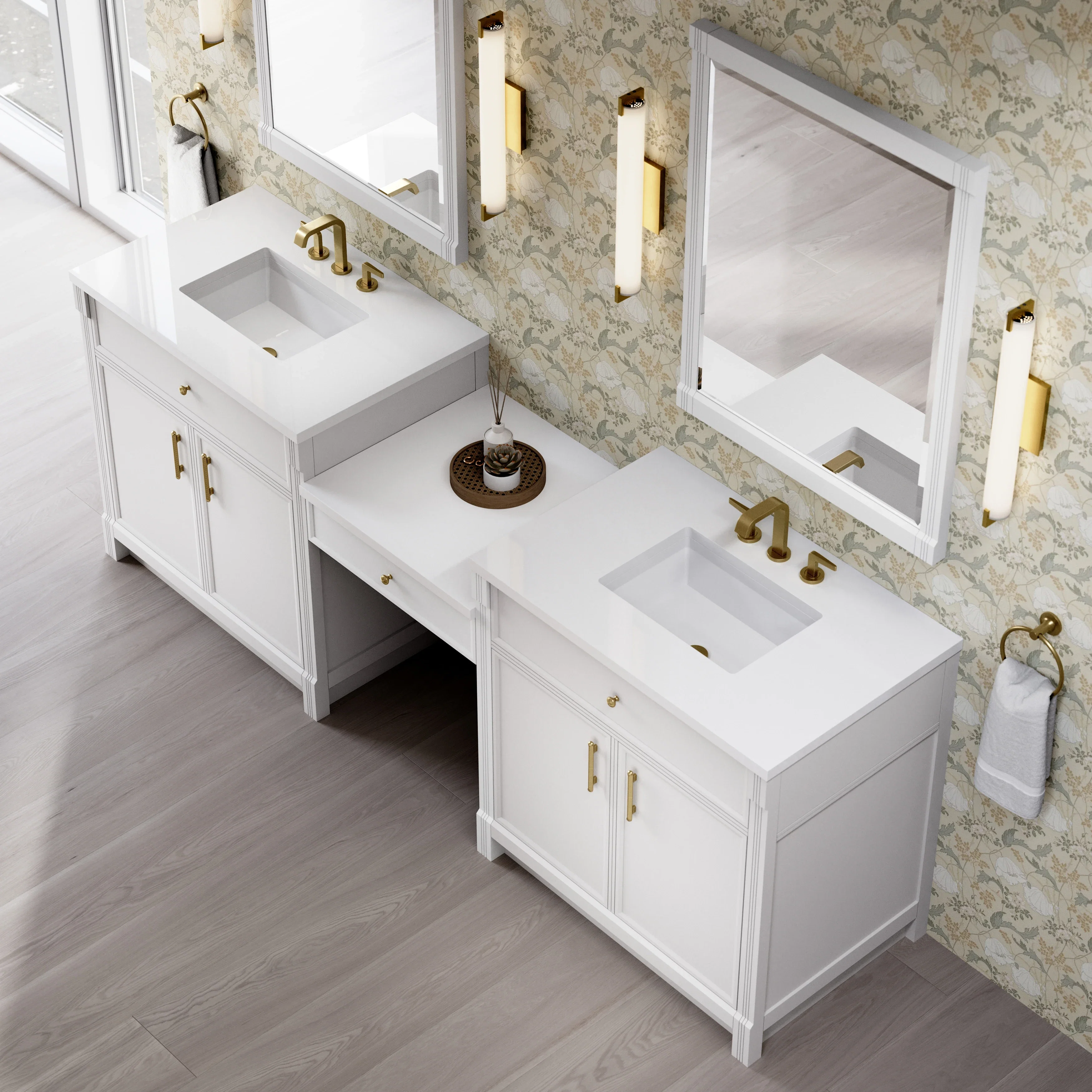 Bellshire 96" Dual Vanity Set with 24" Make-Up Counter, Bright White w/3 cm White Zeus Silestone Top