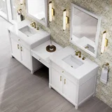 Bellshire 96" Dual Vanity Set with 24" Make-Up Counter, Bright White w/3 cm White Zeus Silestone Top