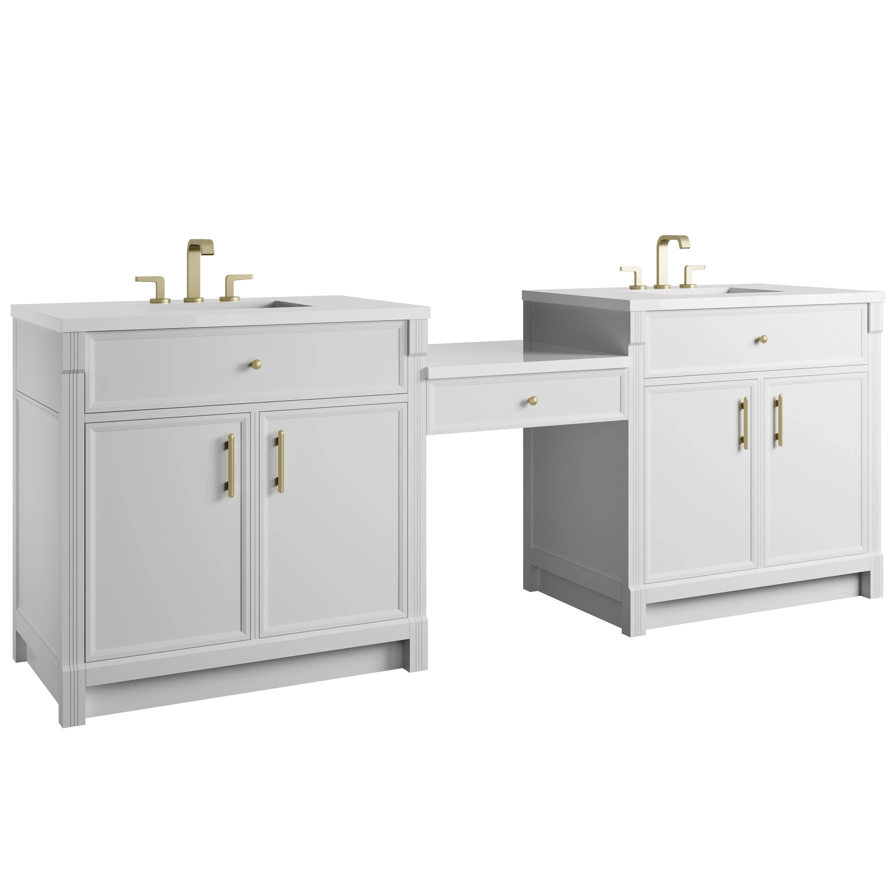 Bellshire 96" Dual Vanity Set with 24" Make-Up Counter, Bright White w/3 cm White Zeus Silestone Top