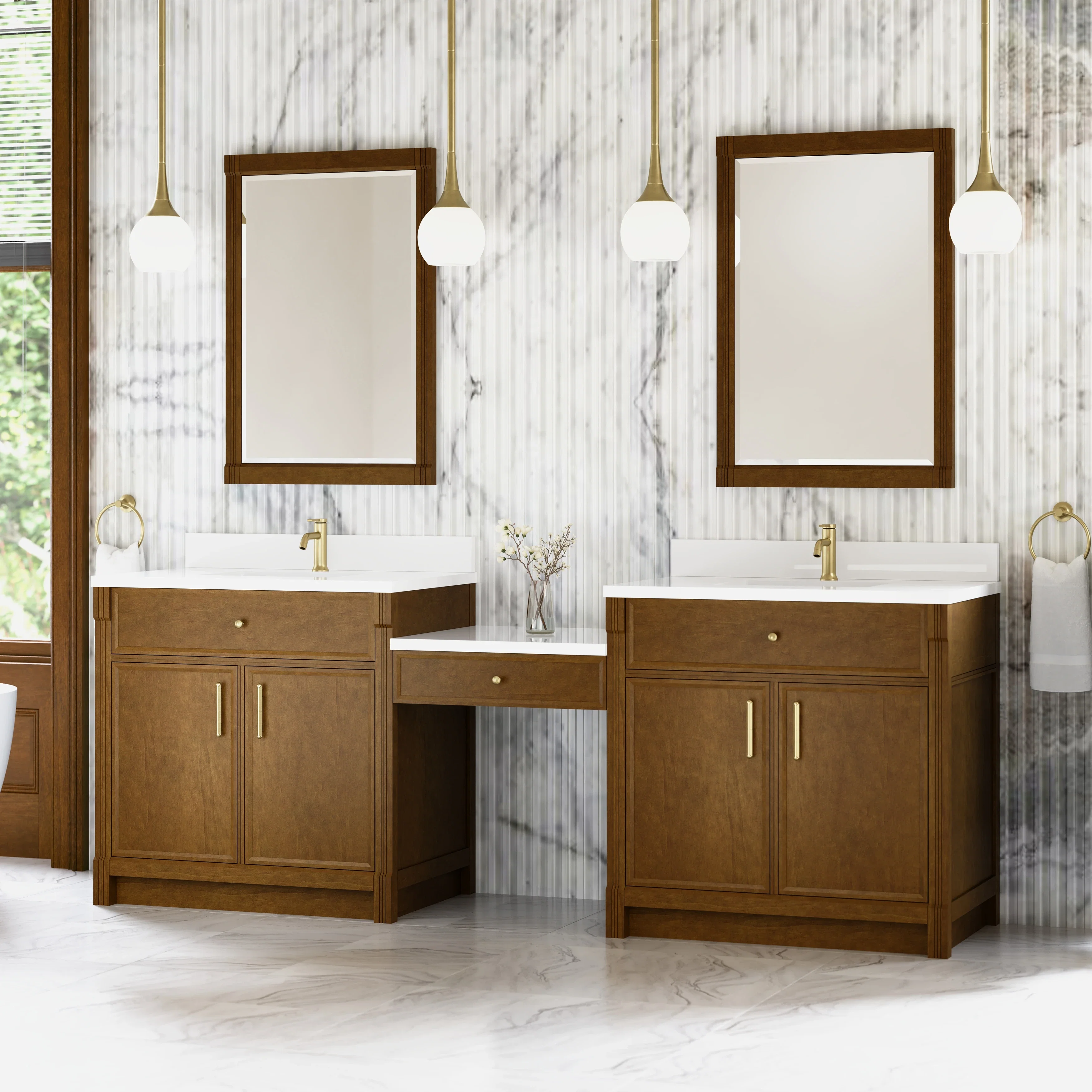 Bellshire 96" Dual Vanity Set with 24" Make-Up Counter, Honey Oak w/Single Hole 3 cm White Zeus Silestone Top & Backsplash