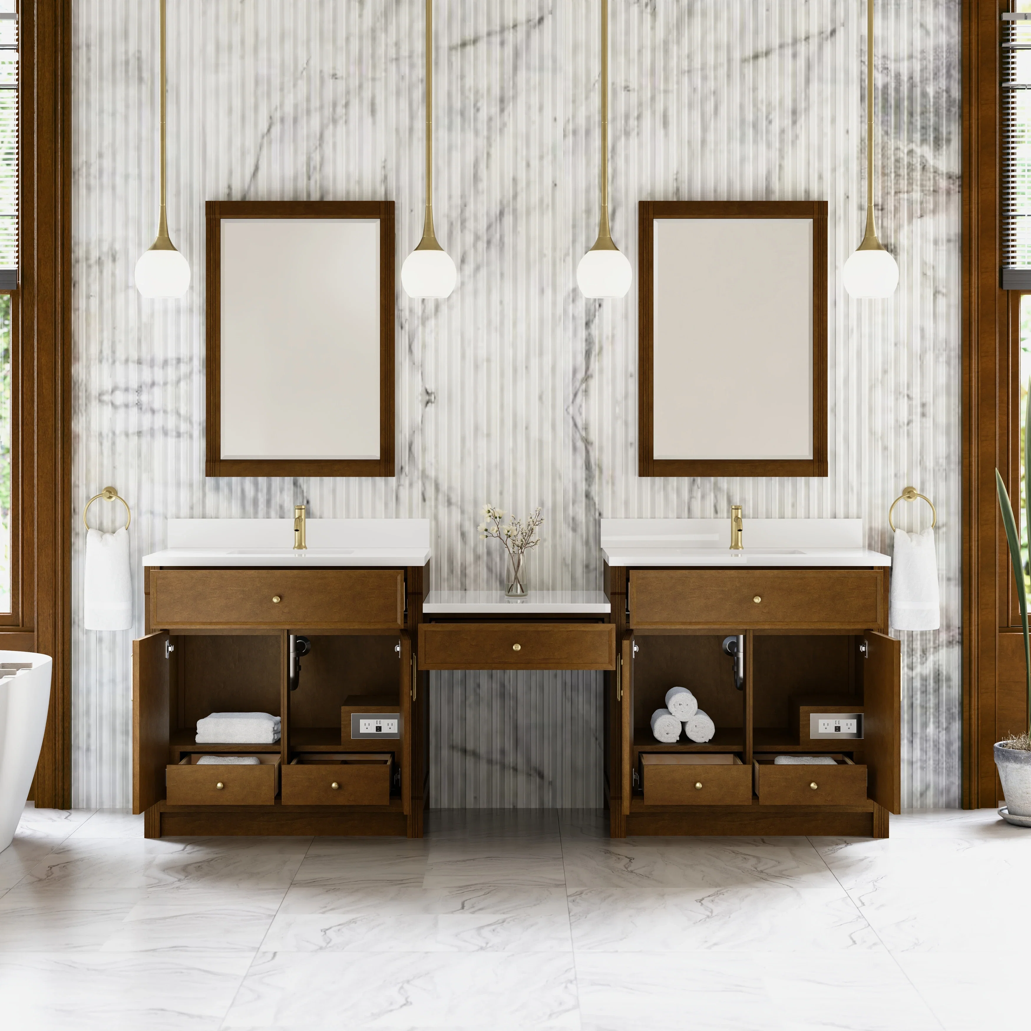 Bellshire 96" Dual Vanity Set with 24" Make-Up Counter, Honey Oak w/Single Hole 3 cm White Zeus Silestone Top & Backsplash
