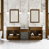Bellshire 96" Dual Vanity Set with 24" Make-Up Counter, Honey Oak w/Single Hole 3 cm White Zeus Silestone Top & Backsplash