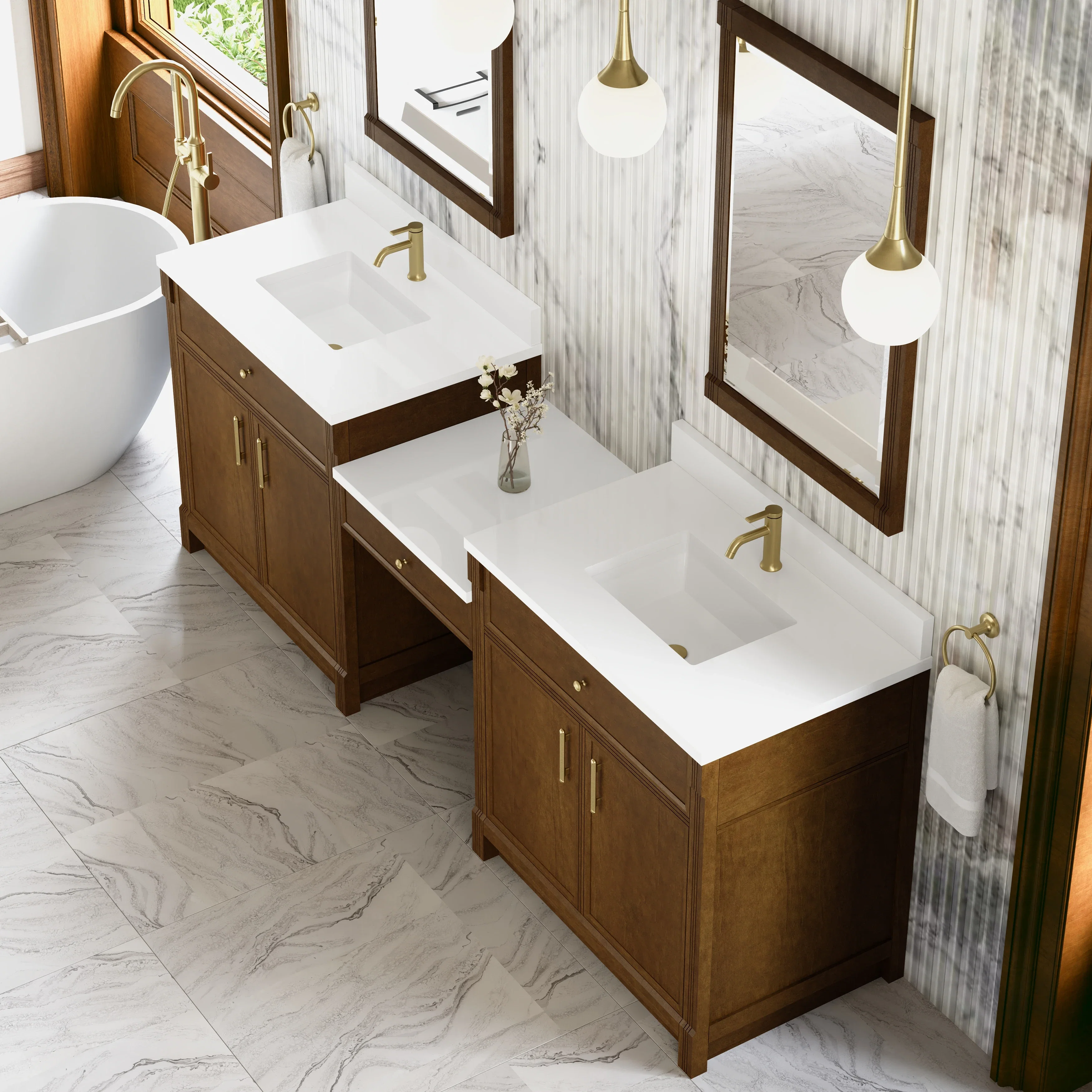 Bellshire 96" Dual Vanity Set with 24" Make-Up Counter, Honey Oak w/Single Hole 3 cm White Zeus Silestone Top & Backsplash