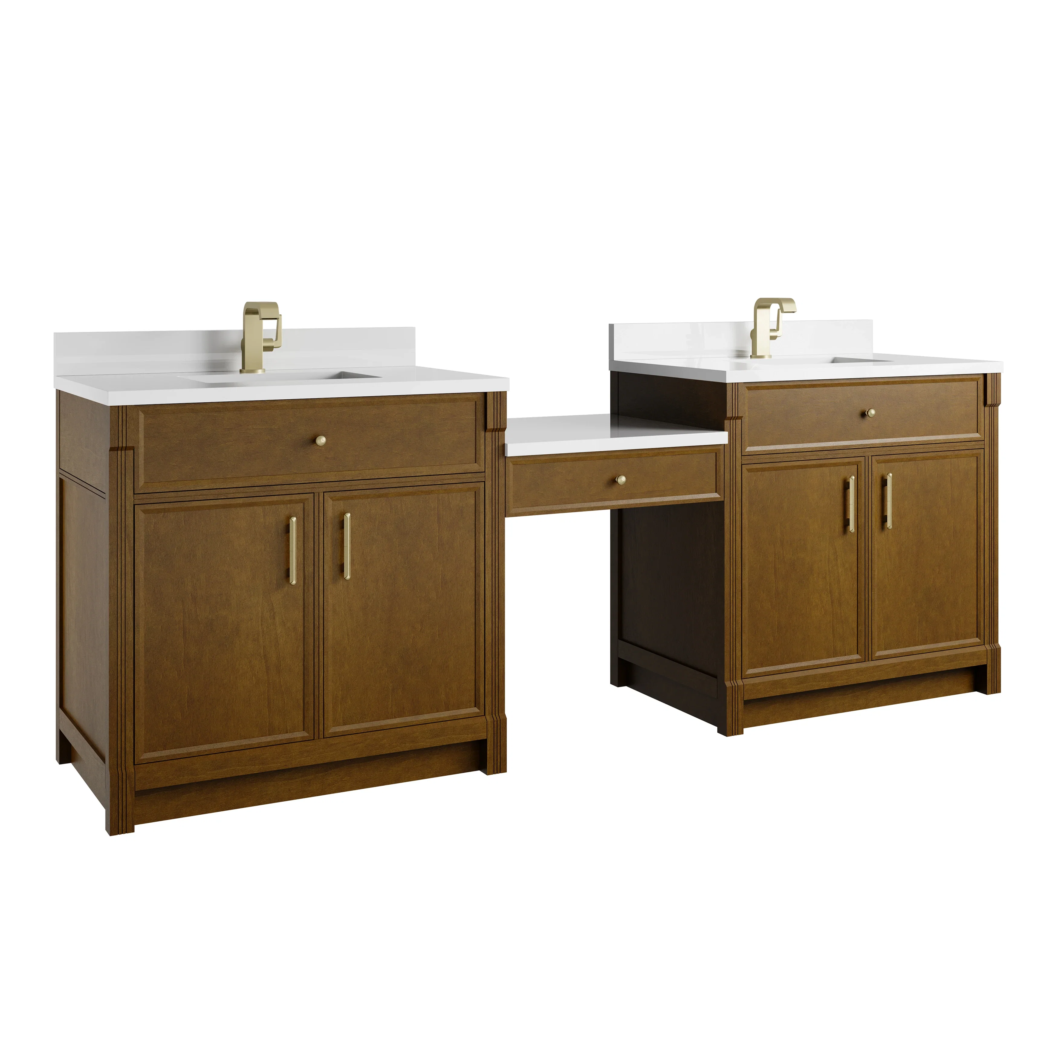 Bellshire 96" Dual Vanity Set with 24" Make-Up Counter, Honey Oak w/Single Hole 3 cm White Zeus Silestone Top & Backsplash