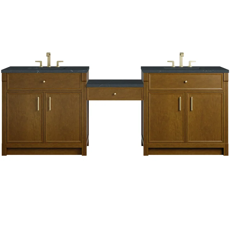 Bellshire 96" Dual Vanity Set with 24" Make-Up Counter, Honey Oak w/3 cm Charcoal Soapstone Silestone Top