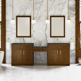 Bellshire 96" Dual Vanity Set with 24" Make-Up Counter, Honey Oak w/3 cm Charcoal Soapstone Silestone Top