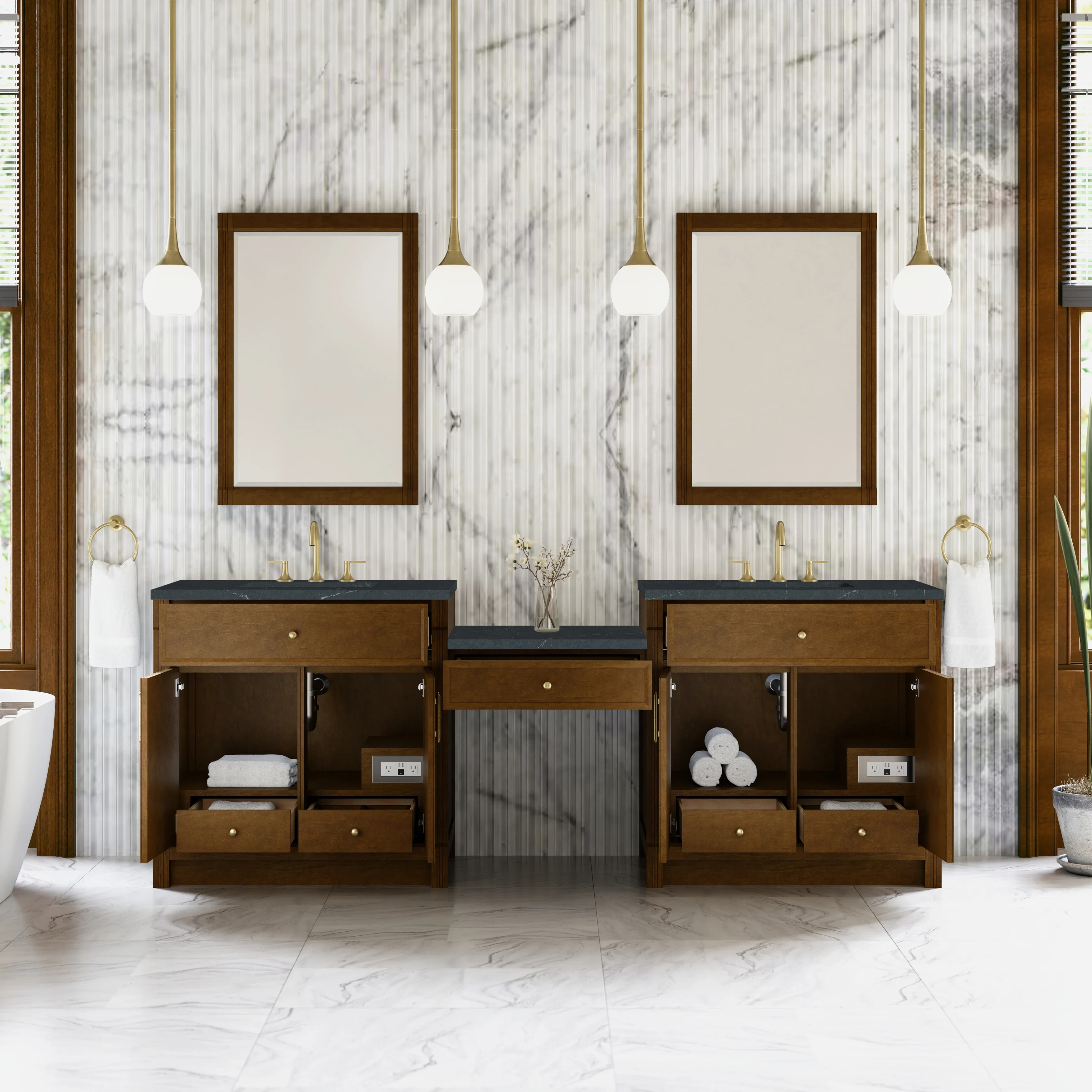 Bellshire 96" Dual Vanity Set with 24" Make-Up Counter, Honey Oak w/3 cm Charcoal Soapstone Silestone Top
