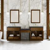 Bellshire 96" Dual Vanity Set with 24" Make-Up Counter, Honey Oak w/3 cm Charcoal Soapstone Silestone Top