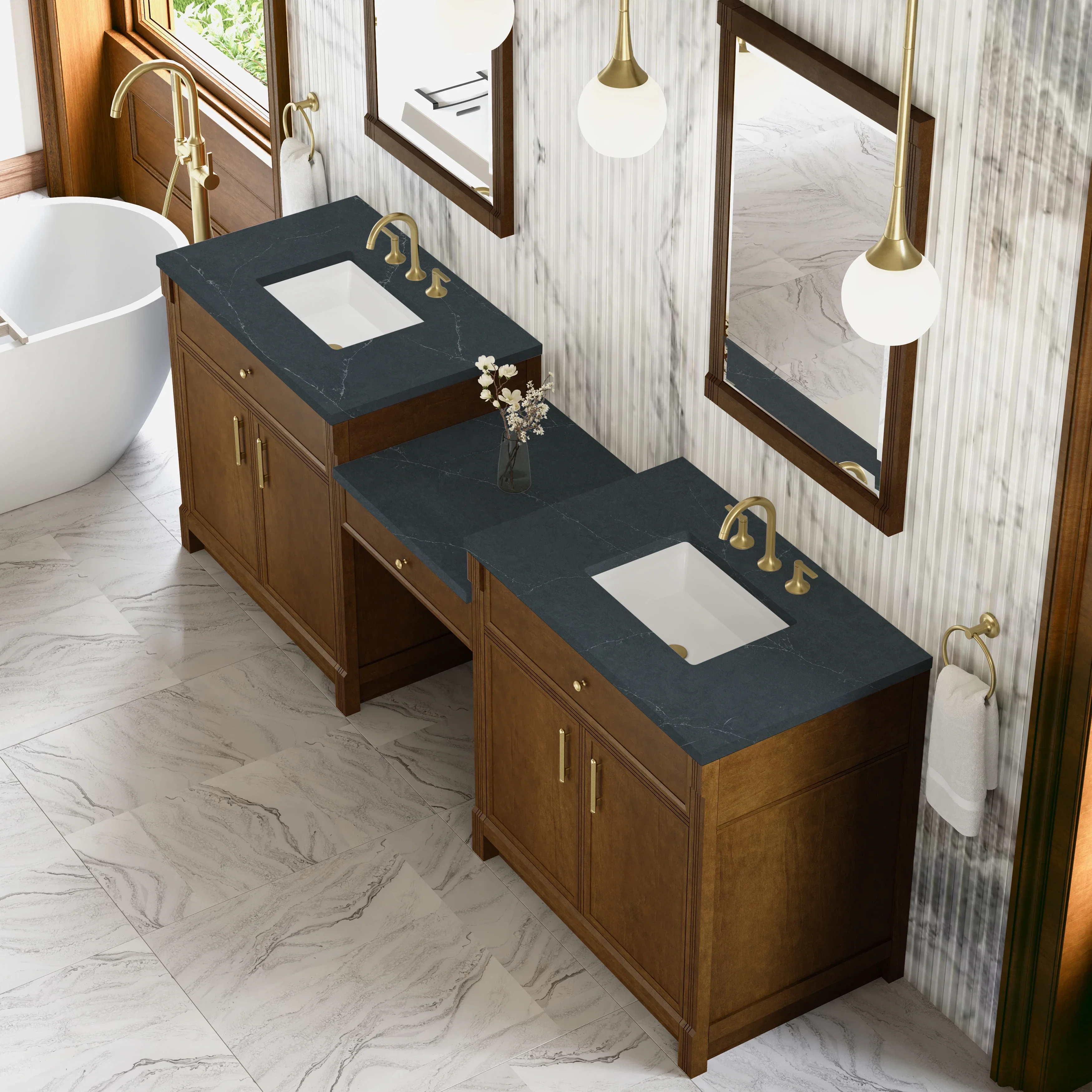 Bellshire 96" Dual Vanity Set with 24" Make-Up Counter, Honey Oak w/3 cm Charcoal Soapstone Silestone Top