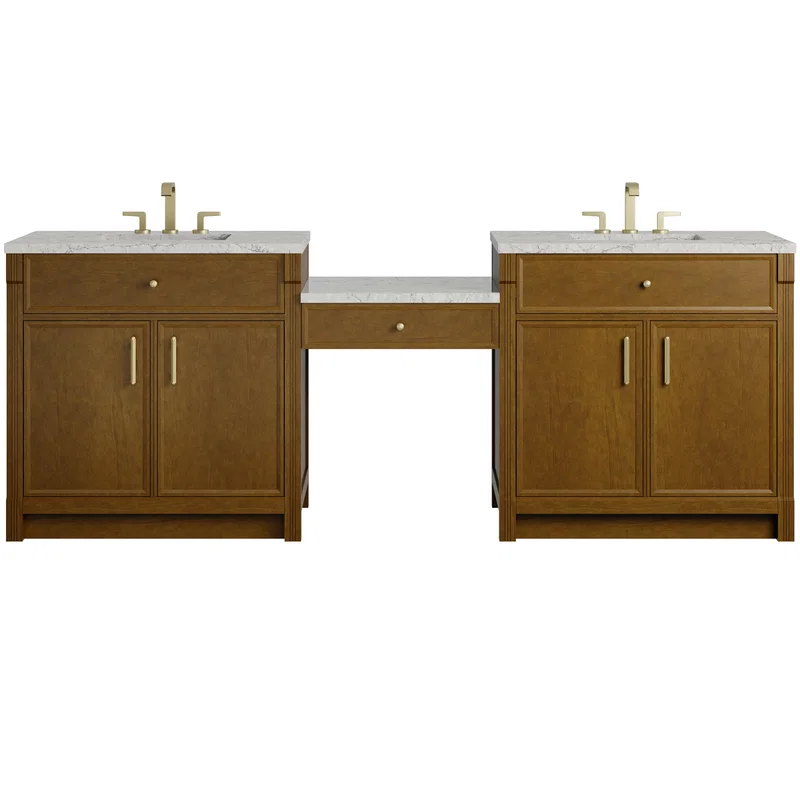 Bellshire 96" Dual Vanity Set with 24" Make-Up Counter, Honey Oak w/3 cm Eternal Jasmine Pearl Silestone Top