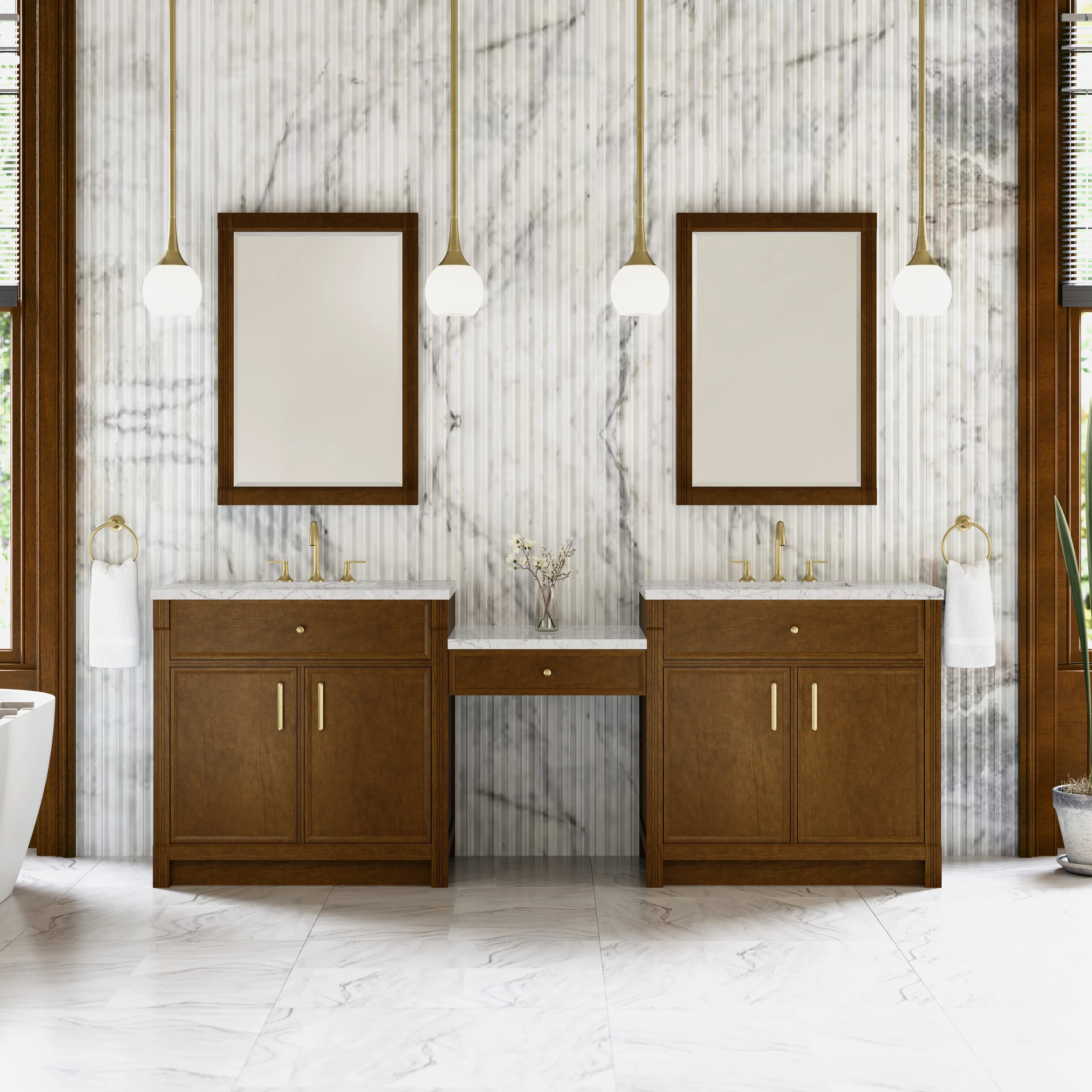 Bellshire 96" Dual Vanity Set with 24" Make-Up Counter, Honey Oak w/3 cm Eternal Jasmine Pearl Silestone Top