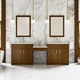 Bellshire 96" Dual Vanity Set with 24" Make-Up Counter, Honey Oak w/3 cm Eternal Jasmine Pearl Silestone Top