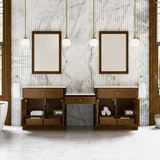 Bellshire 96" Dual Vanity Set with 24" Make-Up Counter, Honey Oak w/3 cm Eternal Jasmine Pearl Silestone Top