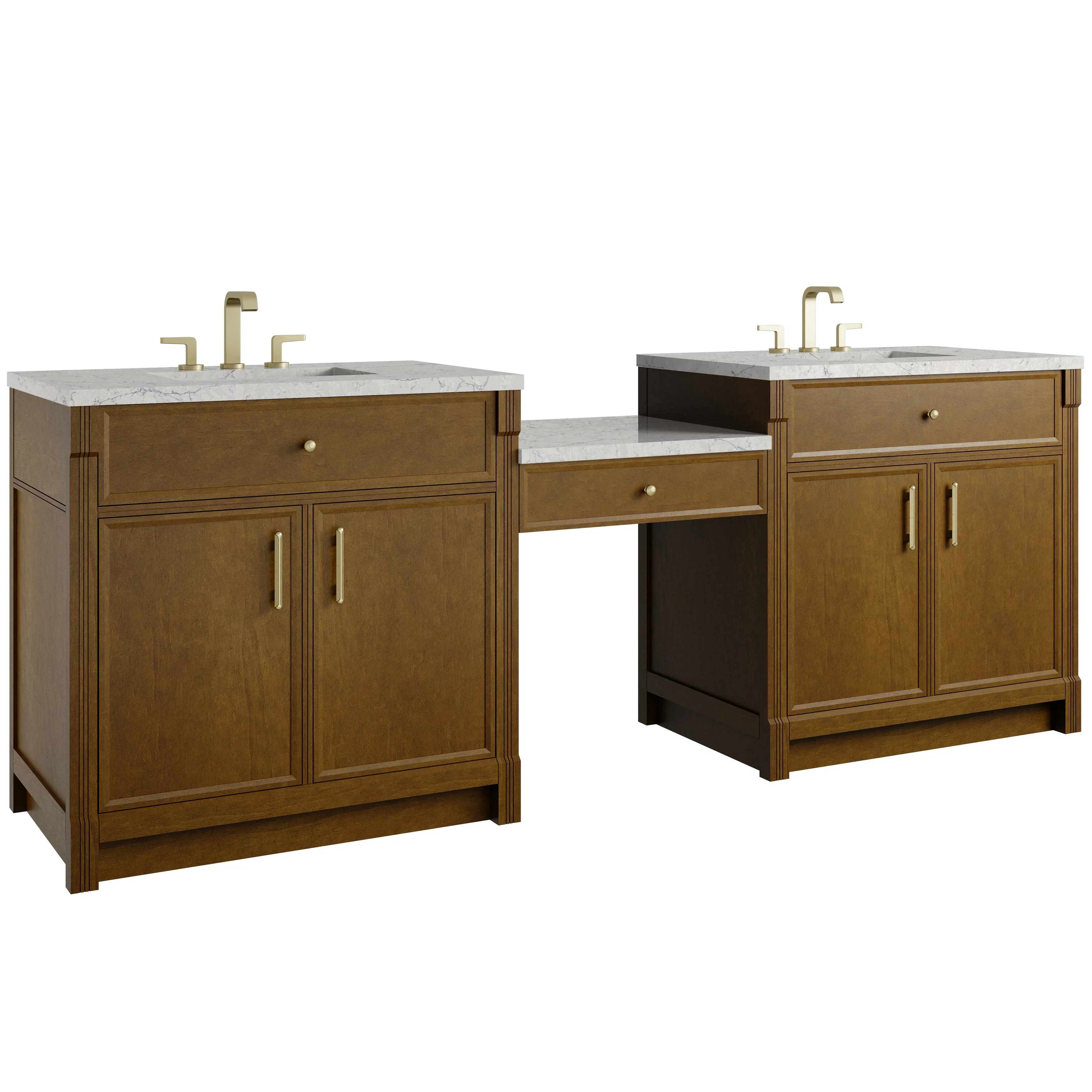 Bellshire 96" Dual Vanity Set with 24" Make-Up Counter, Honey Oak w/3 cm Eternal Jasmine Pearl Silestone Top