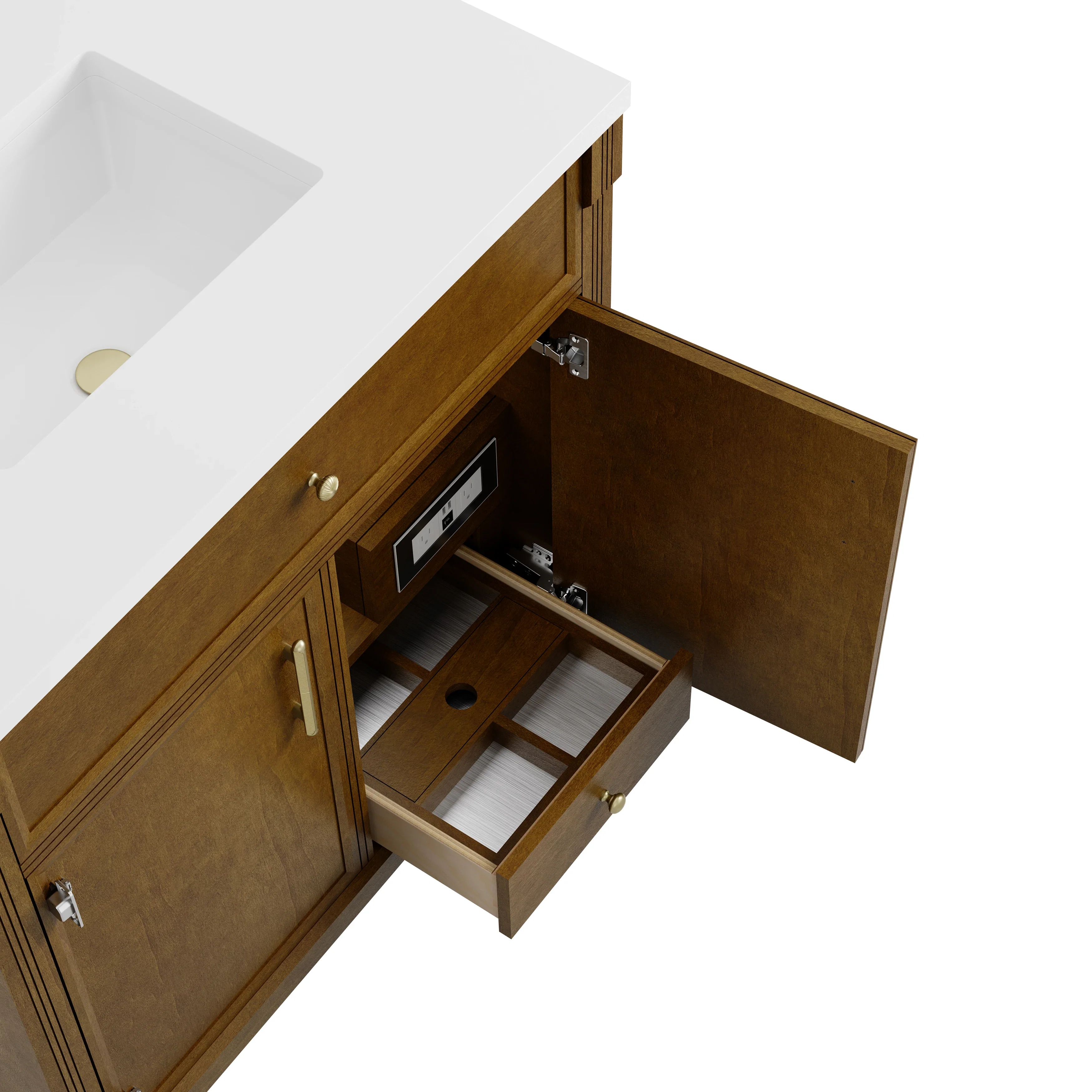 Bellshire 96" Dual Vanity Set with 24" Make-Up Counter, Honey Oak w/3 cm Eternal Jasmine Pearl Silestone Top