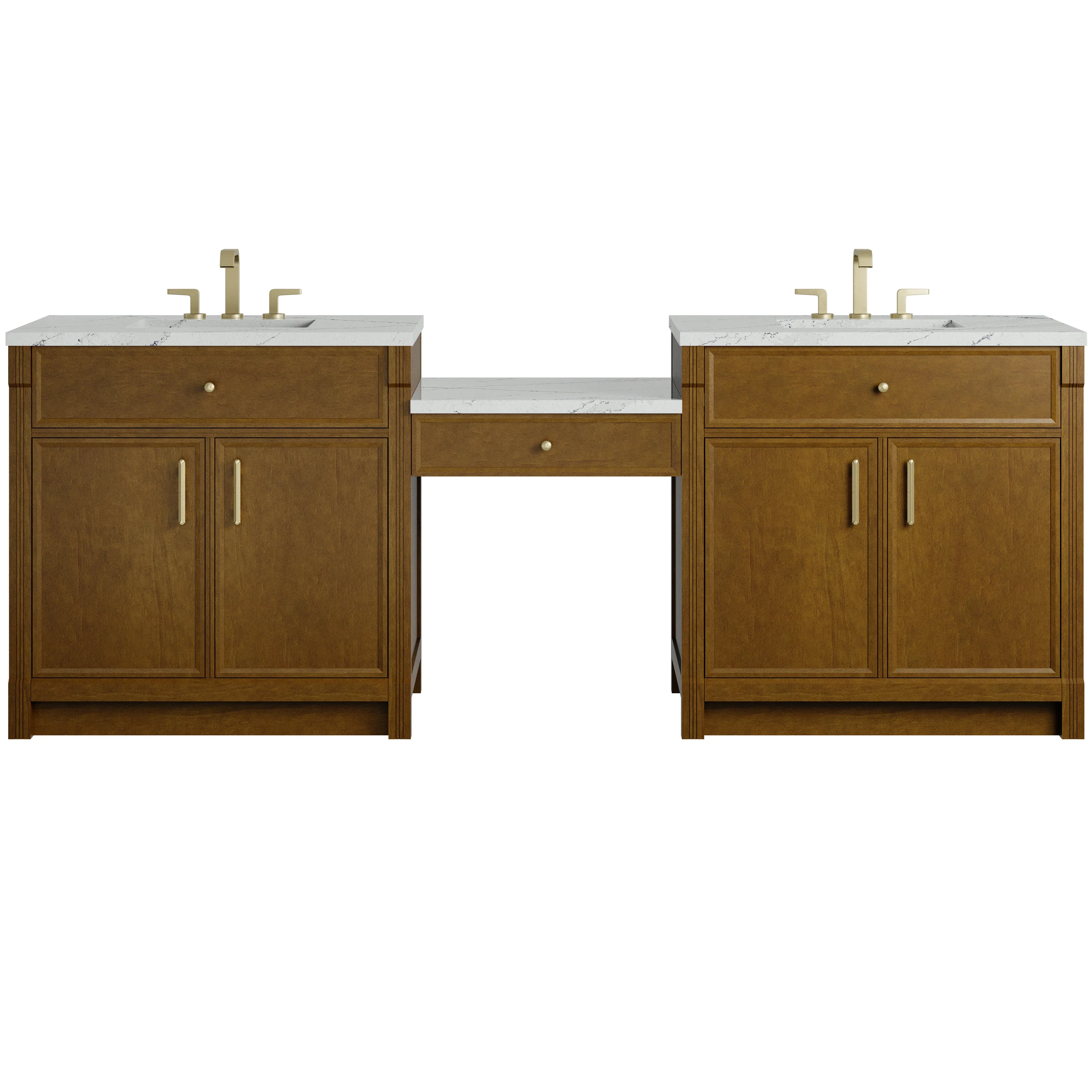 Bellshire 96" Dual Vanity Set with 24" Make-Up Counter, Honey Oak w/3 cm Ethereal Noctis Silestone Top