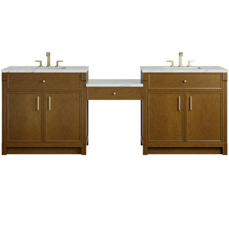 Bellshire 96" Dual Vanity Set with 24" Make-Up Counter, Honey Oak w/3 cm Ethereal Noctis Silestone Top
