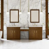 Bellshire 96" Dual Vanity Set with 24" Make-Up Counter, Honey Oak w/3 cm Ethereal Noctis Silestone Top