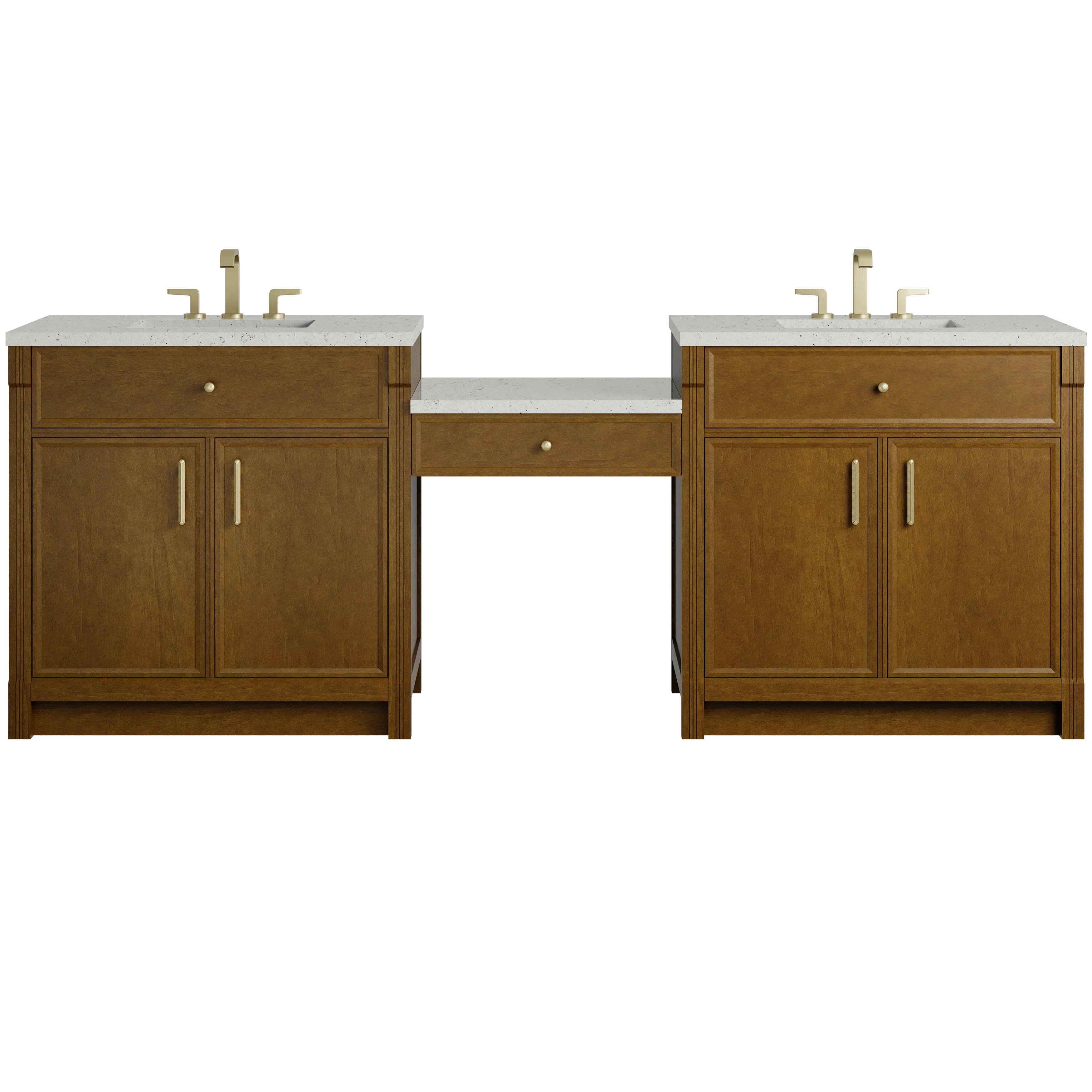 Bellshire 96" Dual Vanity Set with 24" Make-Up Counter, Honey Oak w/3 cm Lime Delight Silestone Top