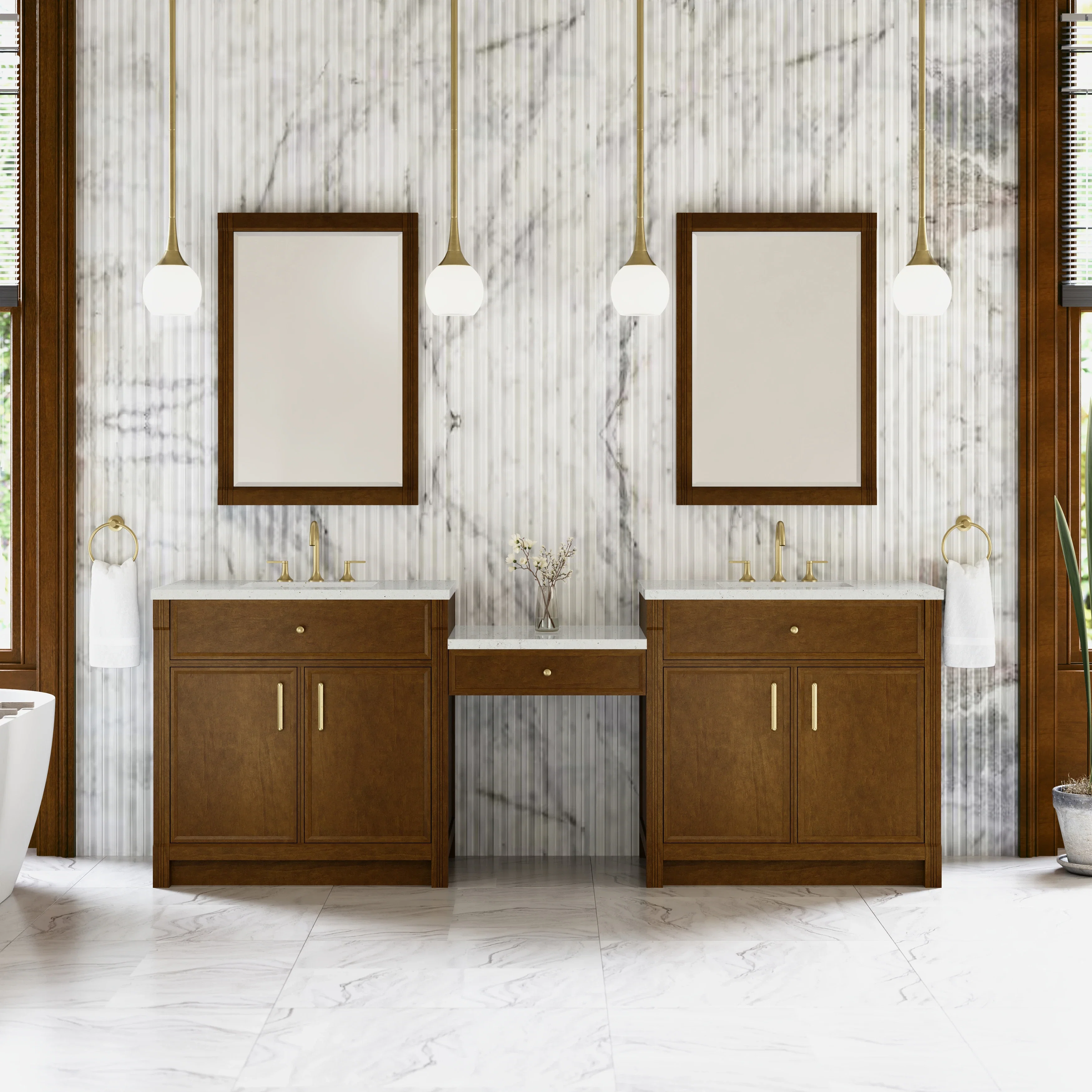 Bellshire 96" Dual Vanity Set with 24" Make-Up Counter, Honey Oak w/3 cm Lime Delight Silestone Top