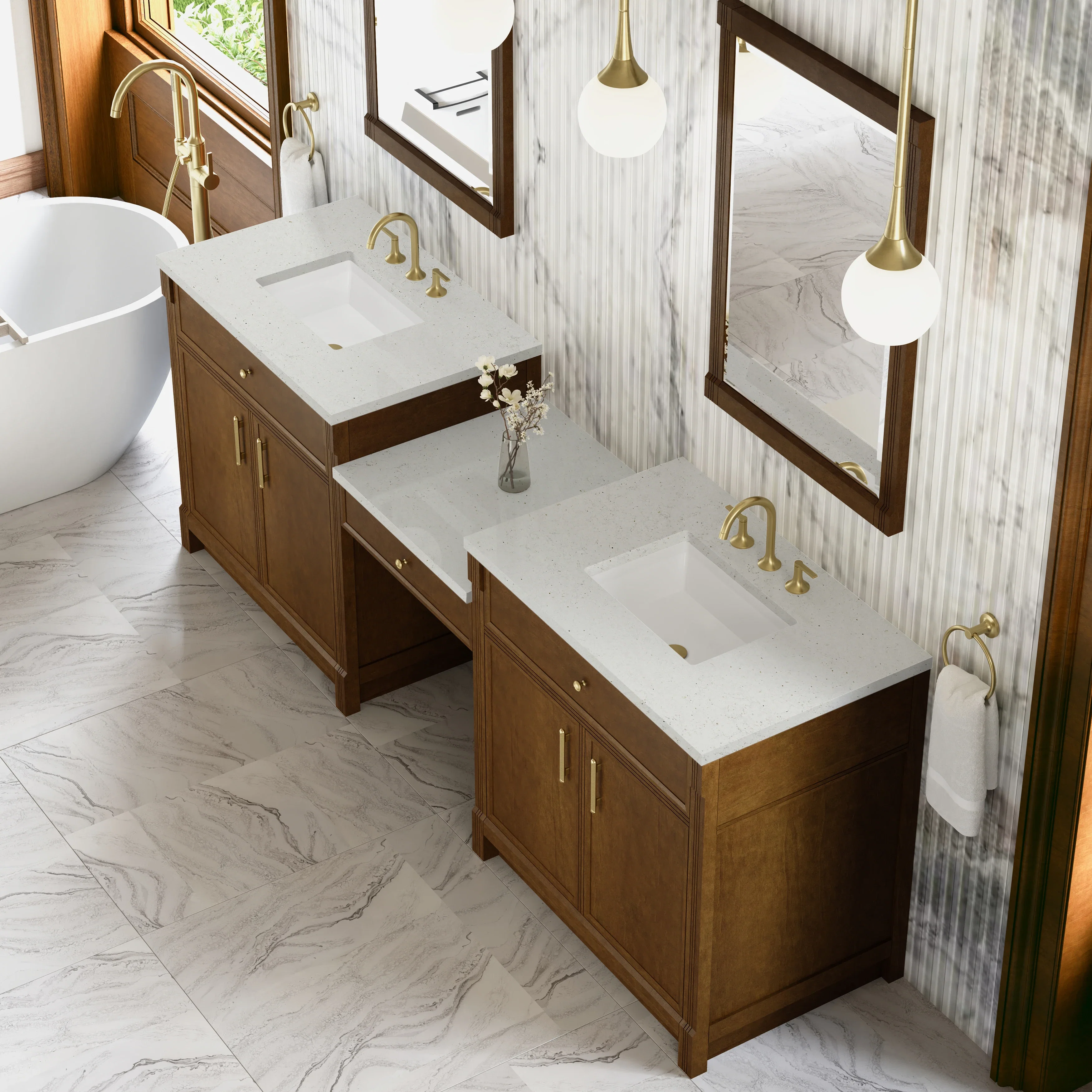 Bellshire 96" Dual Vanity Set with 24" Make-Up Counter, Honey Oak w/3 cm Lime Delight Silestone Top