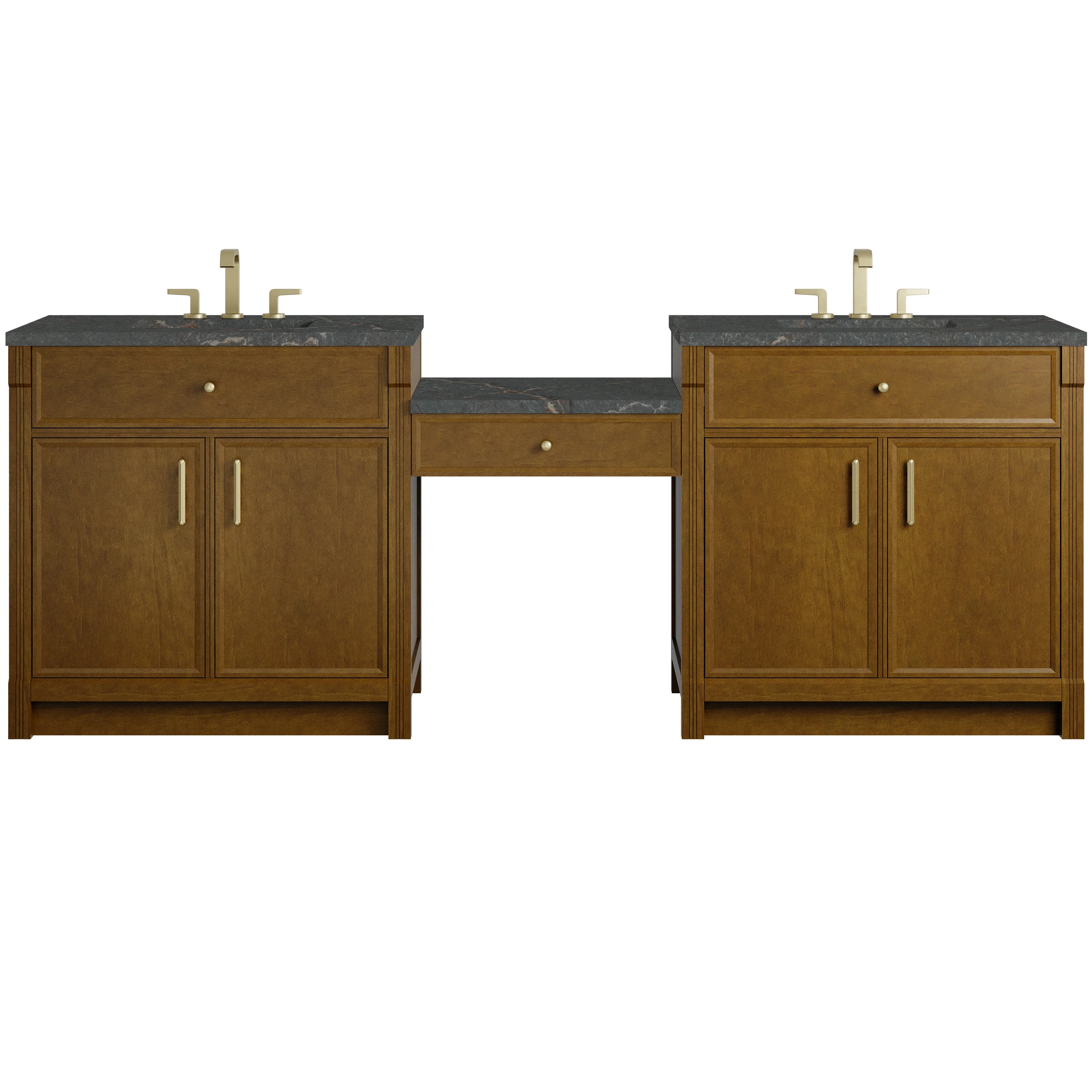 Bellshire 96" Dual Vanity Set with 24" Make-Up Counter, Honey Oak w/3 cm Parisien Bleu Silestone Top