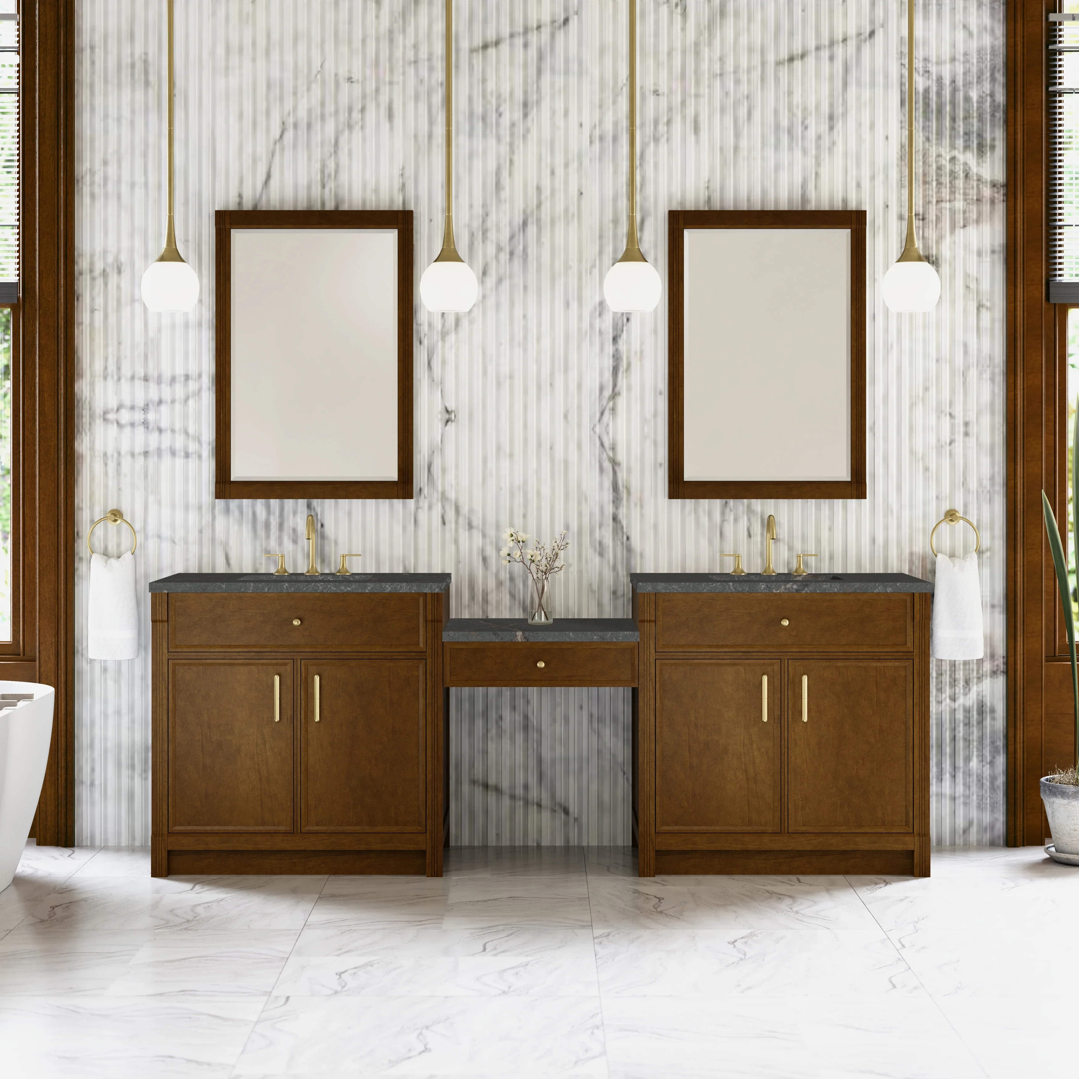 Bellshire 96" Dual Vanity Set with 24" Make-Up Counter, Honey Oak w/3 cm Parisien Bleu Silestone Top