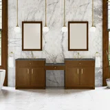 Bellshire 96" Dual Vanity Set with 24" Make-Up Counter, Honey Oak w/3 cm Parisien Bleu Silestone Top