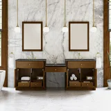 Bellshire 96" Dual Vanity Set with 24" Make-Up Counter, Honey Oak w/3 cm Parisien Bleu Silestone Top