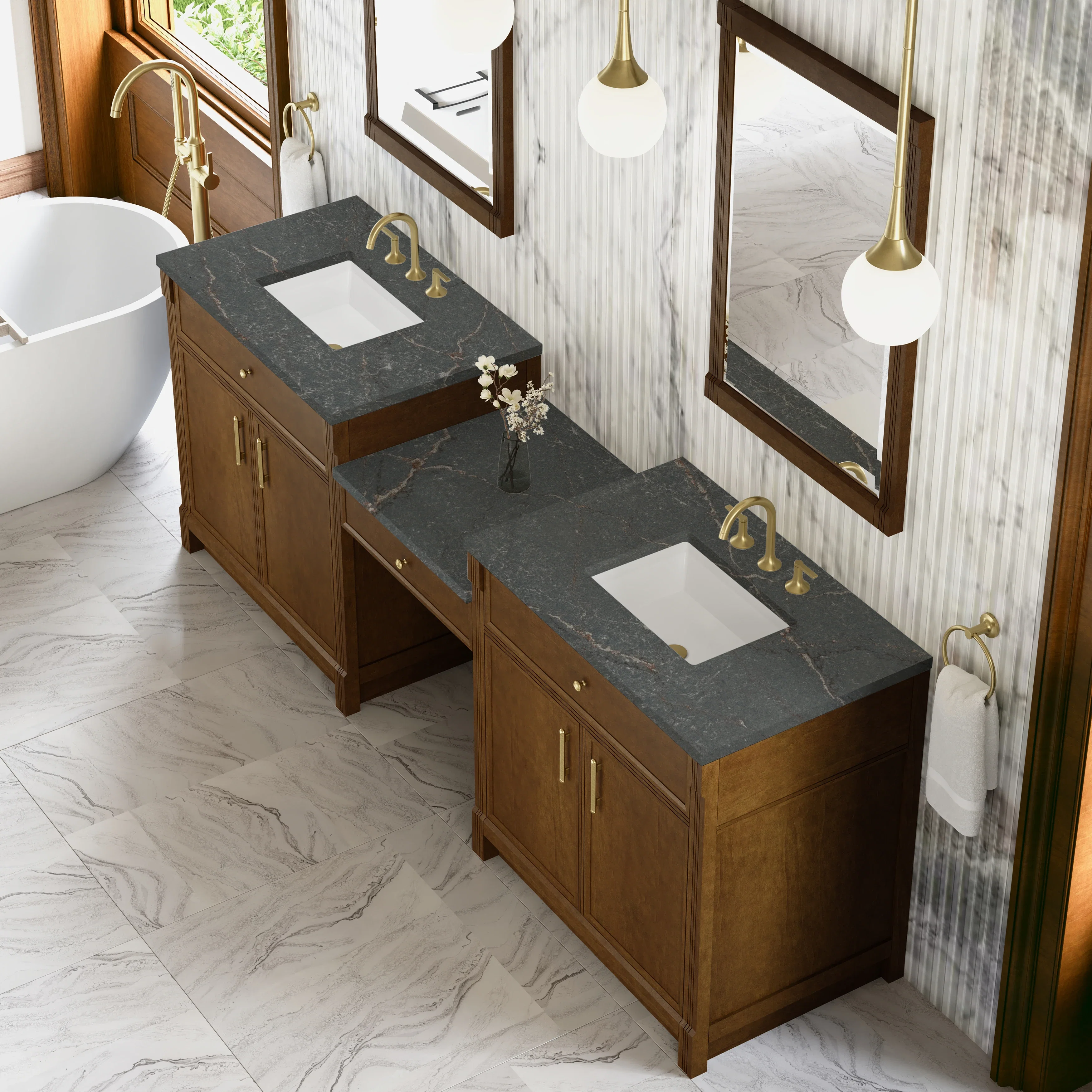 Bellshire 96" Dual Vanity Set with 24" Make-Up Counter, Honey Oak w/3 cm Parisien Bleu Silestone Top