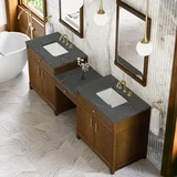 Bellshire 96" Dual Vanity Set with 24" Make-Up Counter, Honey Oak w/3 cm Parisien Bleu Silestone Top