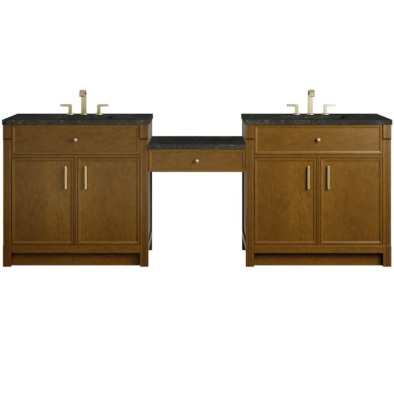 Bellshire 96" Dual Vanity Set with 24" Make-Up Counter, Honey Oak w/3 cm Phantome Eclos Top