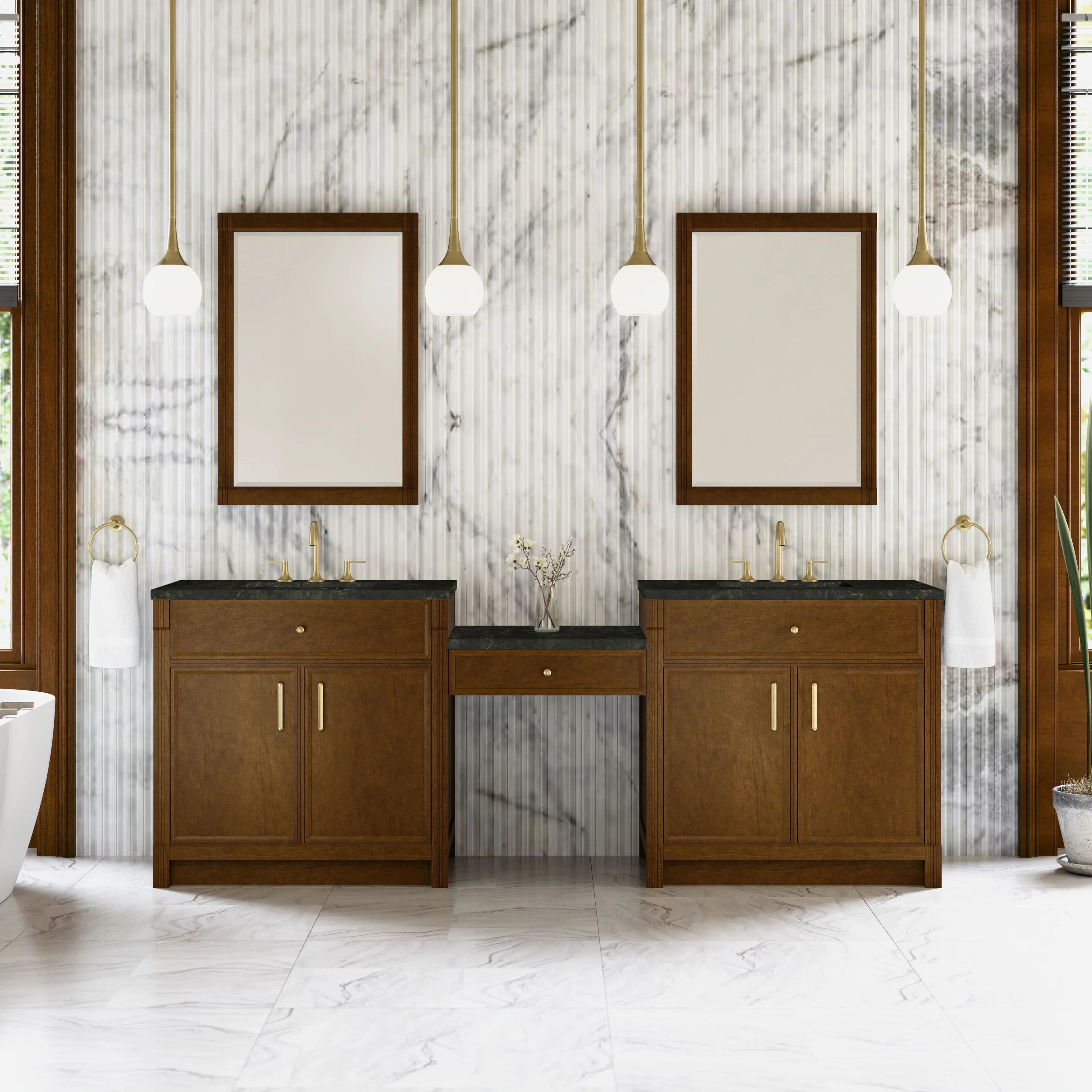 Bellshire 96" Dual Vanity Set with 24" Make-Up Counter, Honey Oak w/3 cm Phantome Eclos Top
