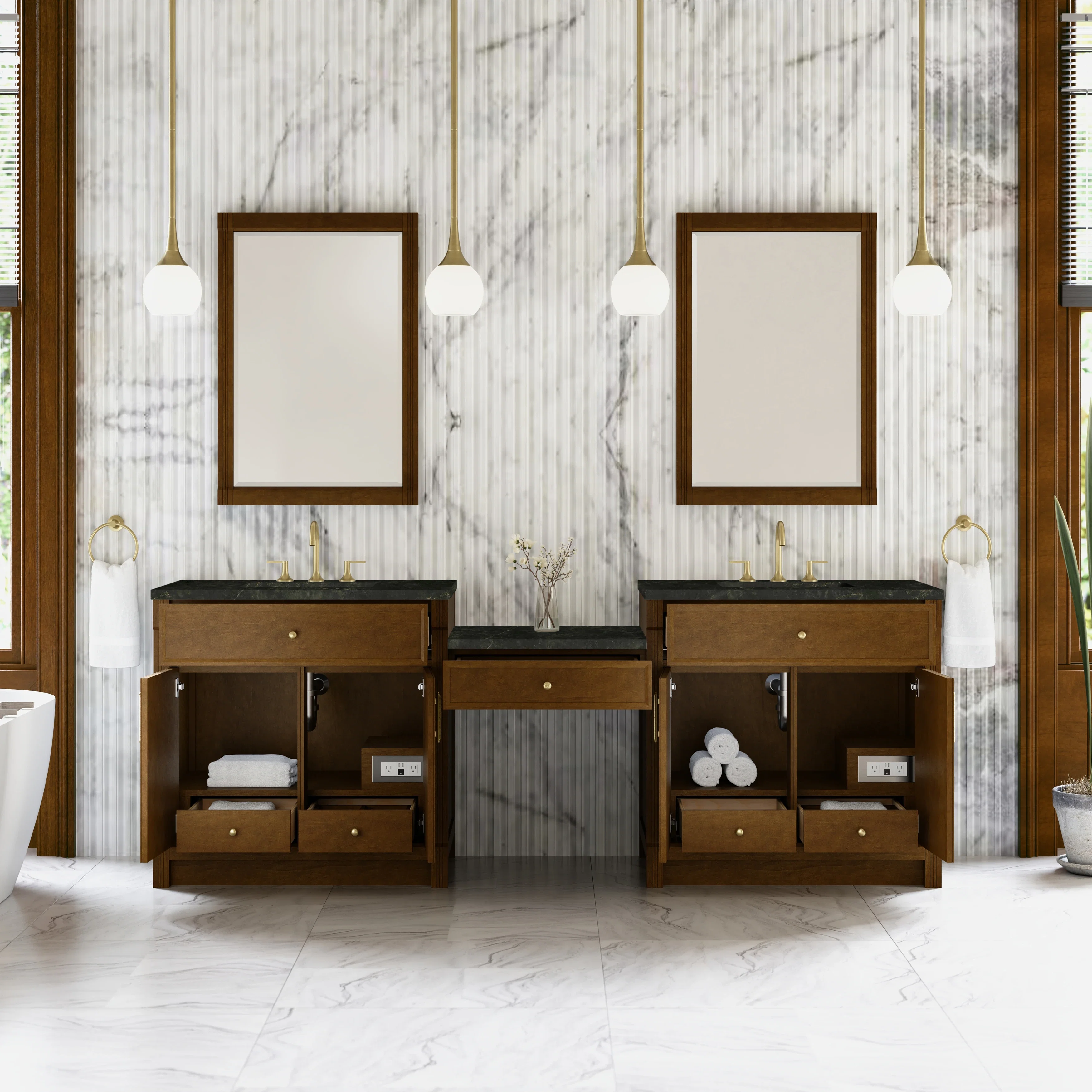Bellshire 96" Dual Vanity Set with 24" Make-Up Counter, Honey Oak w/3 cm Phantome Eclos Top