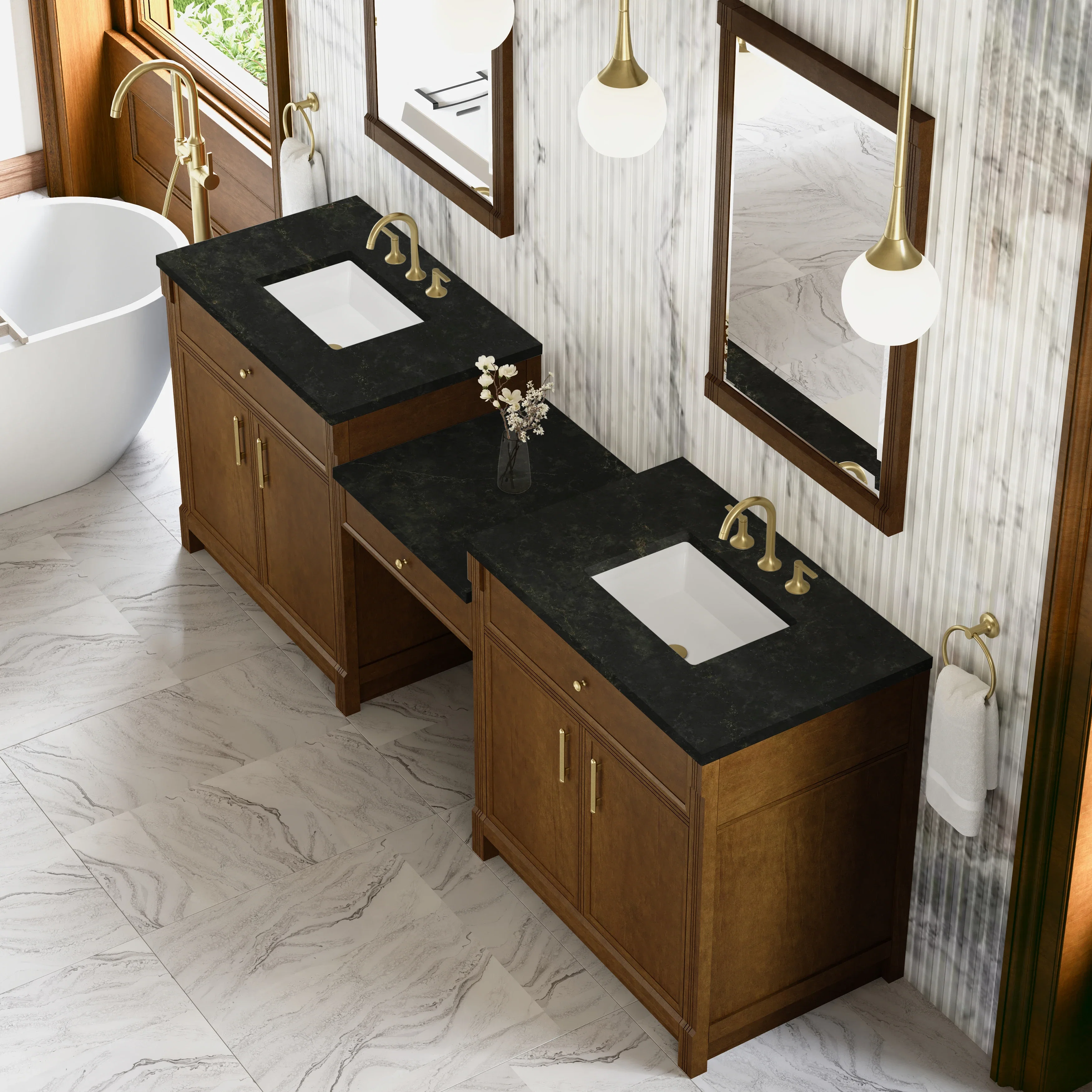 Bellshire 96" Dual Vanity Set with 24" Make-Up Counter, Honey Oak w/3 cm Phantome Eclos Top