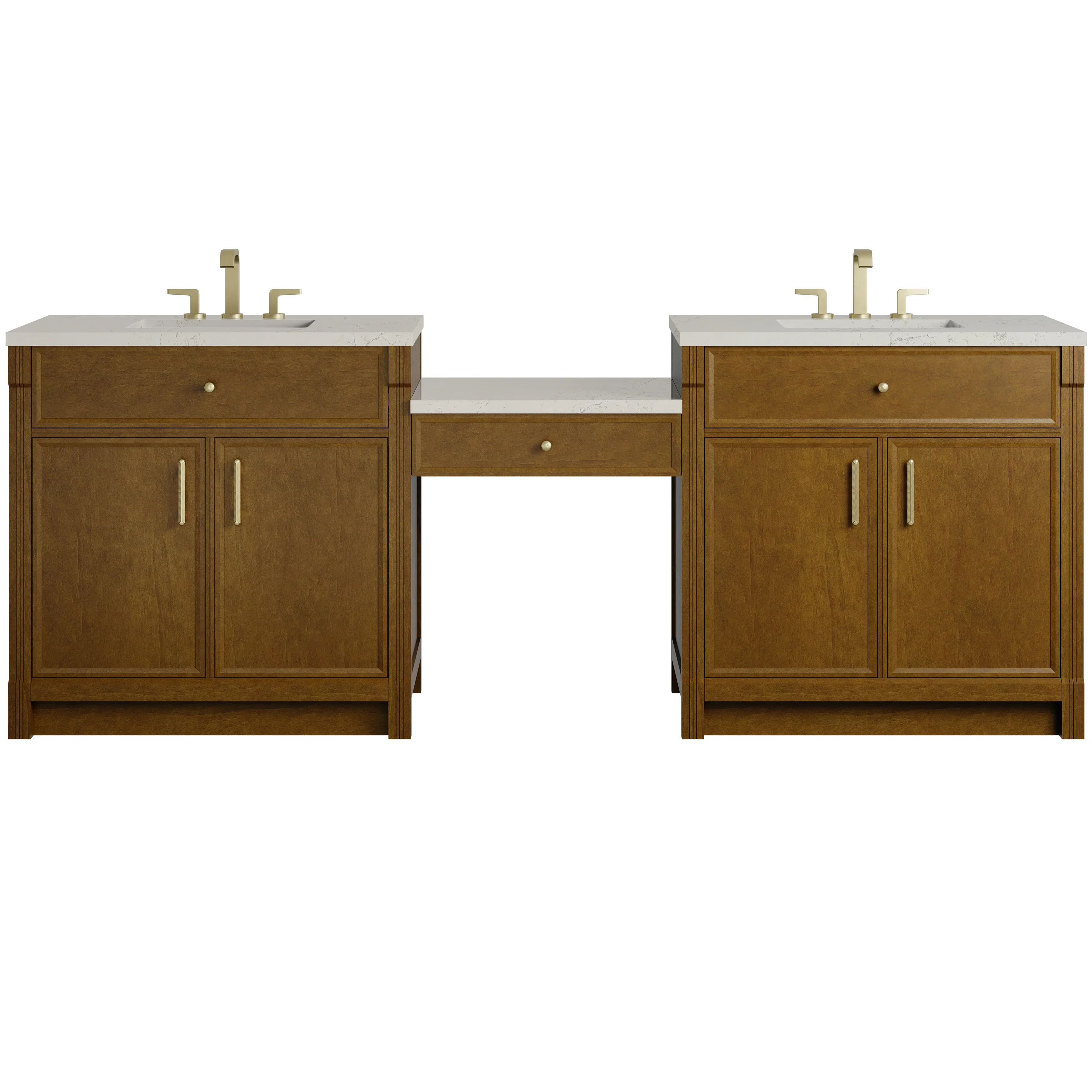 Bellshire 96" Dual Vanity Set with 24" Make-Up Counter, Honey Oak w/3 cm Siberian Silestone Top