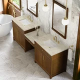 Bellshire 96" Dual Vanity Set with 24" Make-Up Counter, Honey Oak w/3 cm Tajnar Eclos Top