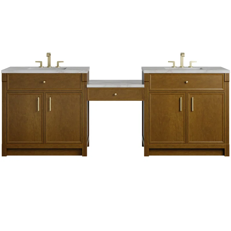 Bellshire 96" Dual Vanity Set with 24" Make-Up Counter, Honey Oak w/3 cm Victorian Silver Silestone Top