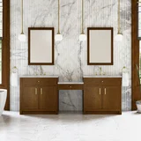 Bellshire 96" Dual Vanity Set with 24" Make-Up Counter, Honey Oak w/3 cm Victorian Silver Silestone Top