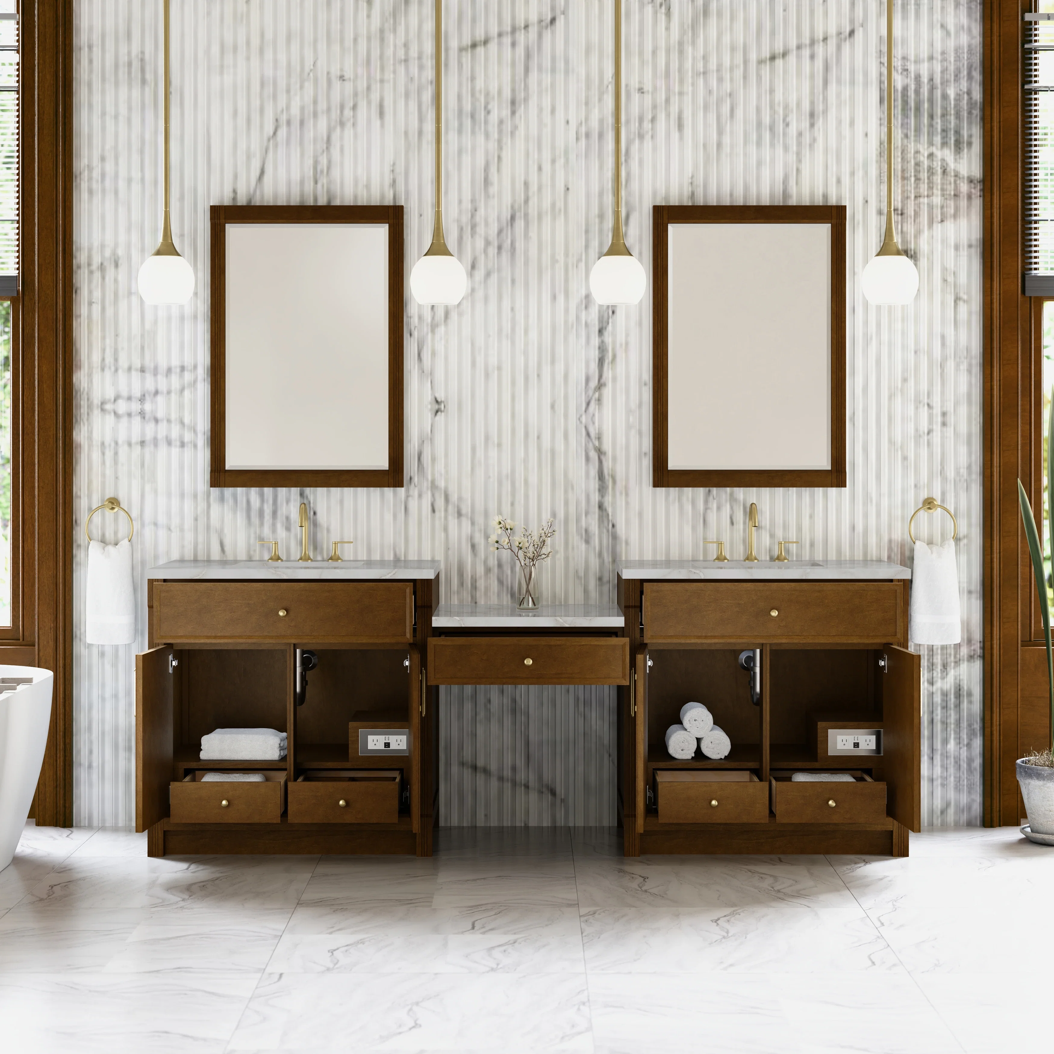 Bellshire 96" Dual Vanity Set with 24" Make-Up Counter, Honey Oak w/3 cm Victorian Silver Silestone Top
