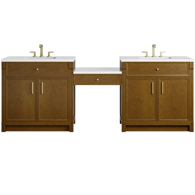 Bellshire 96" Dual Vanity Set with 24" Make-Up Counter, Honey Oak w/3 cm White Zeus Silestone Top