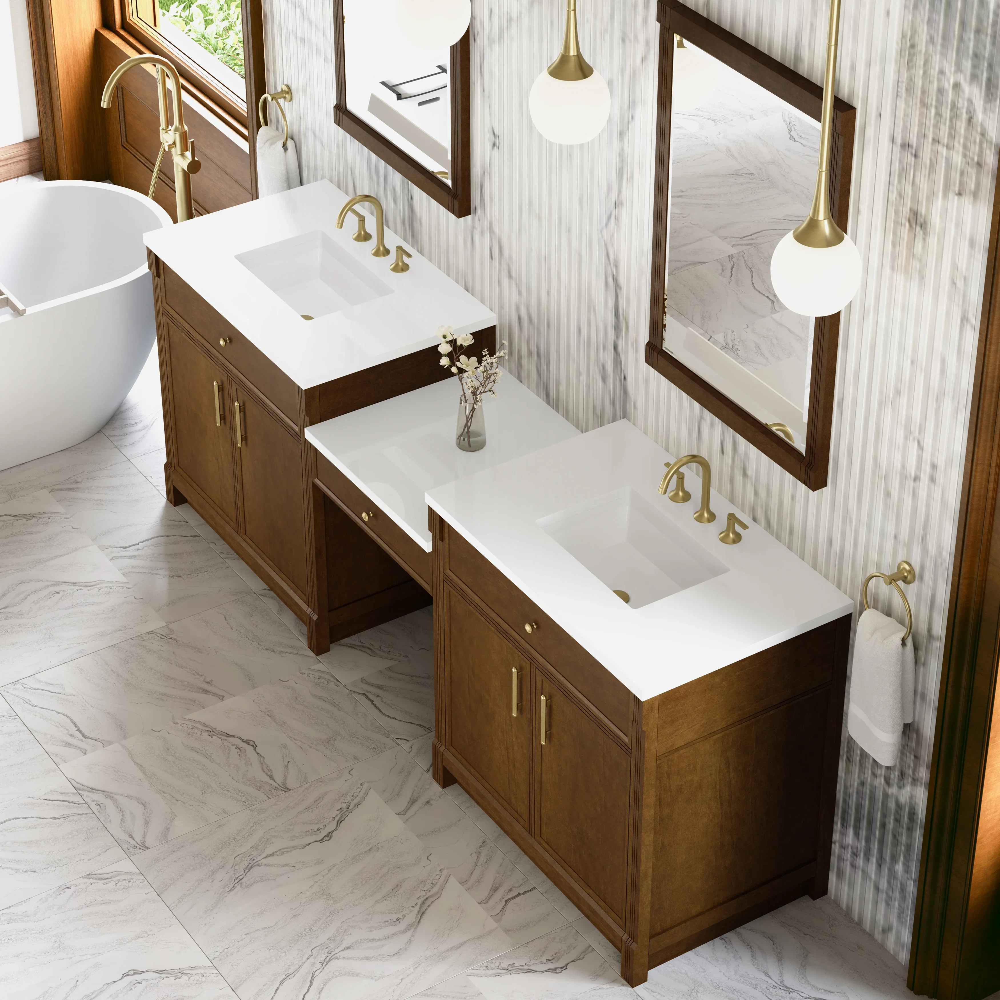 Bellshire 96" Dual Vanity Set with 24" Make-Up Counter, Honey Oak w/3 cm White Zeus Silestone Top