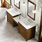 Bellshire 96" Dual Vanity Set with 24" Make-Up Counter, Honey Oak w/3 cm White Zeus Silestone Top