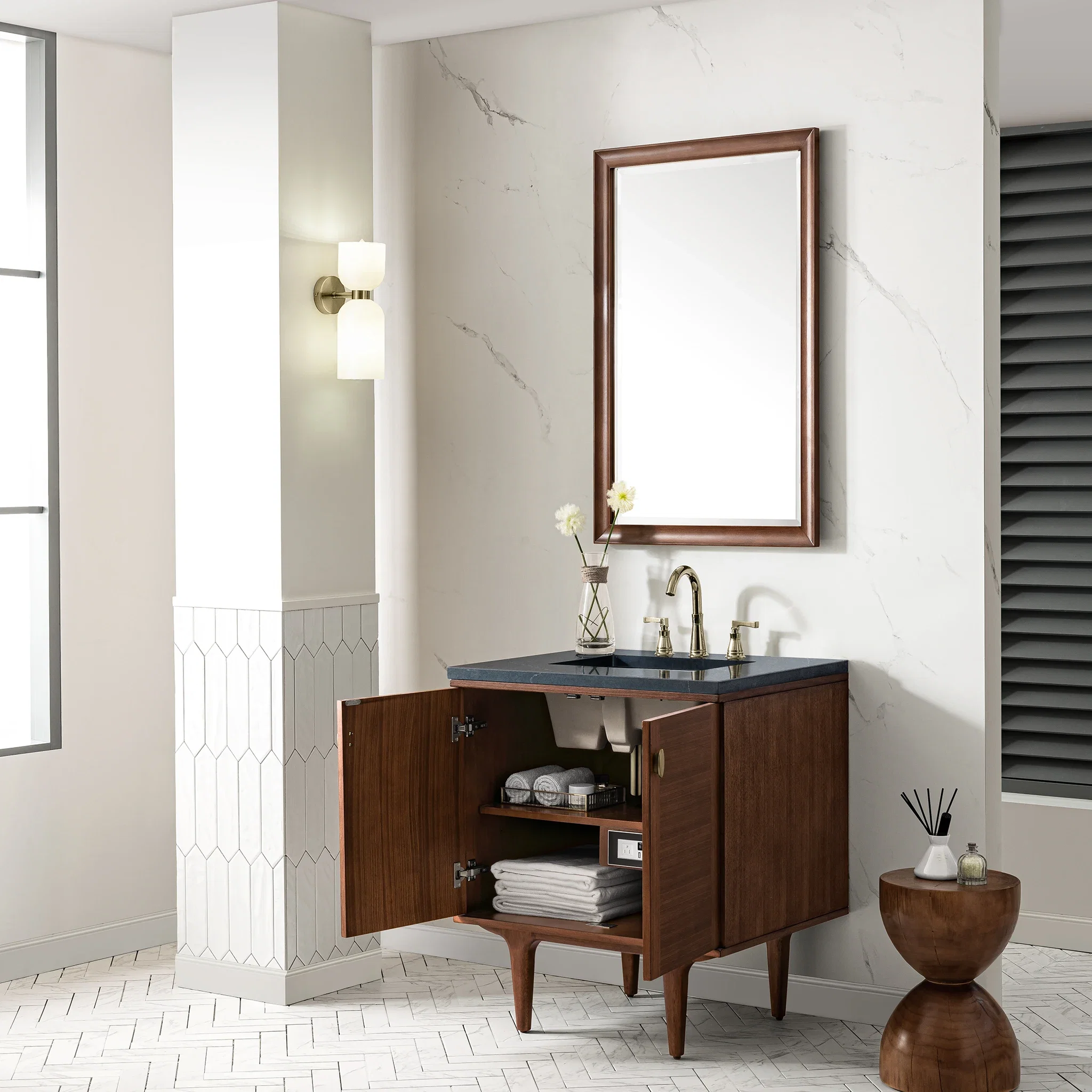 Amberly 30" Single Vanity, Mid-Century Walnut w/ 3 CM Charcoal Soapstone Top