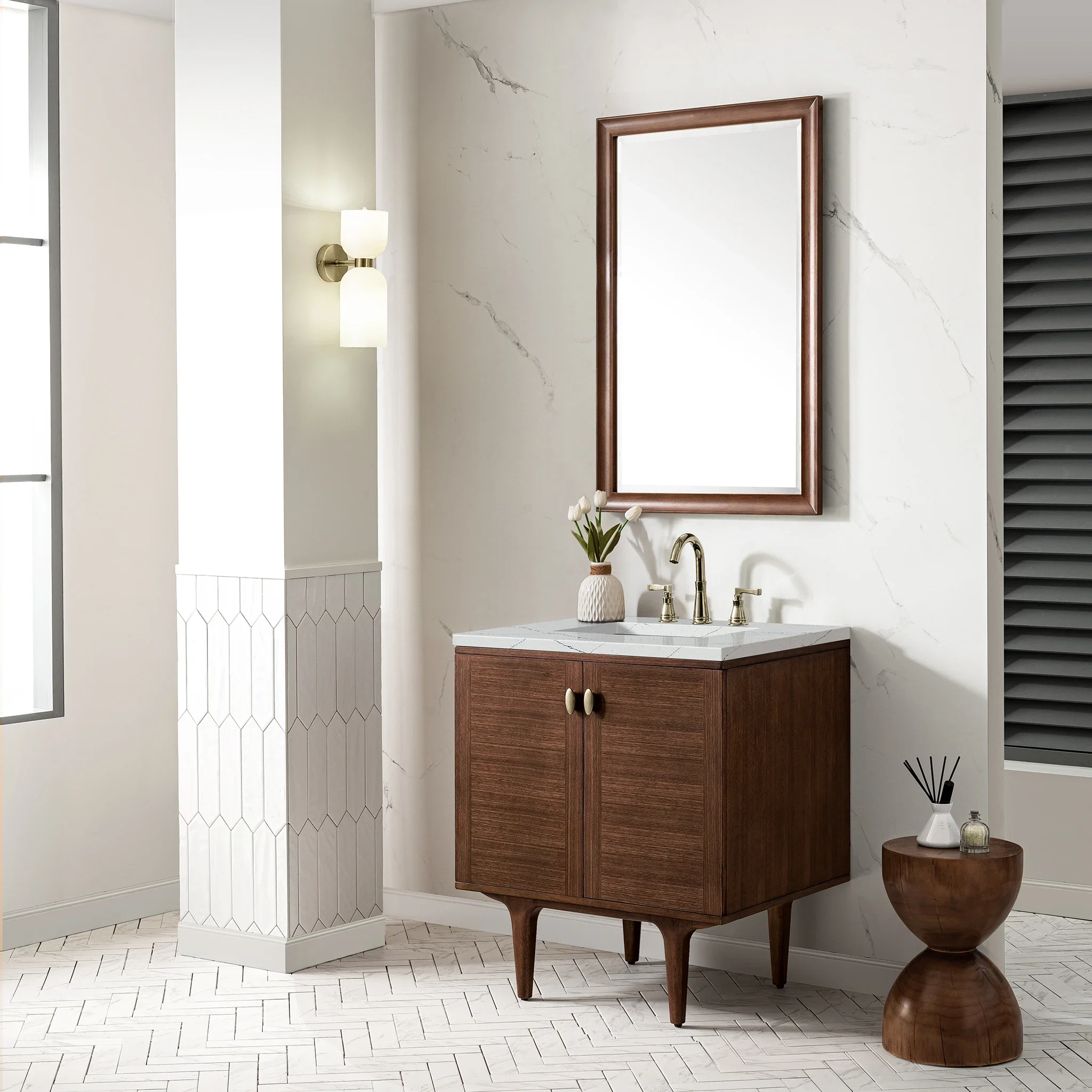 Amberly 30" Single Vanity, Mid-Century Walnut w/ 3 CM Ethereal Noctis Top