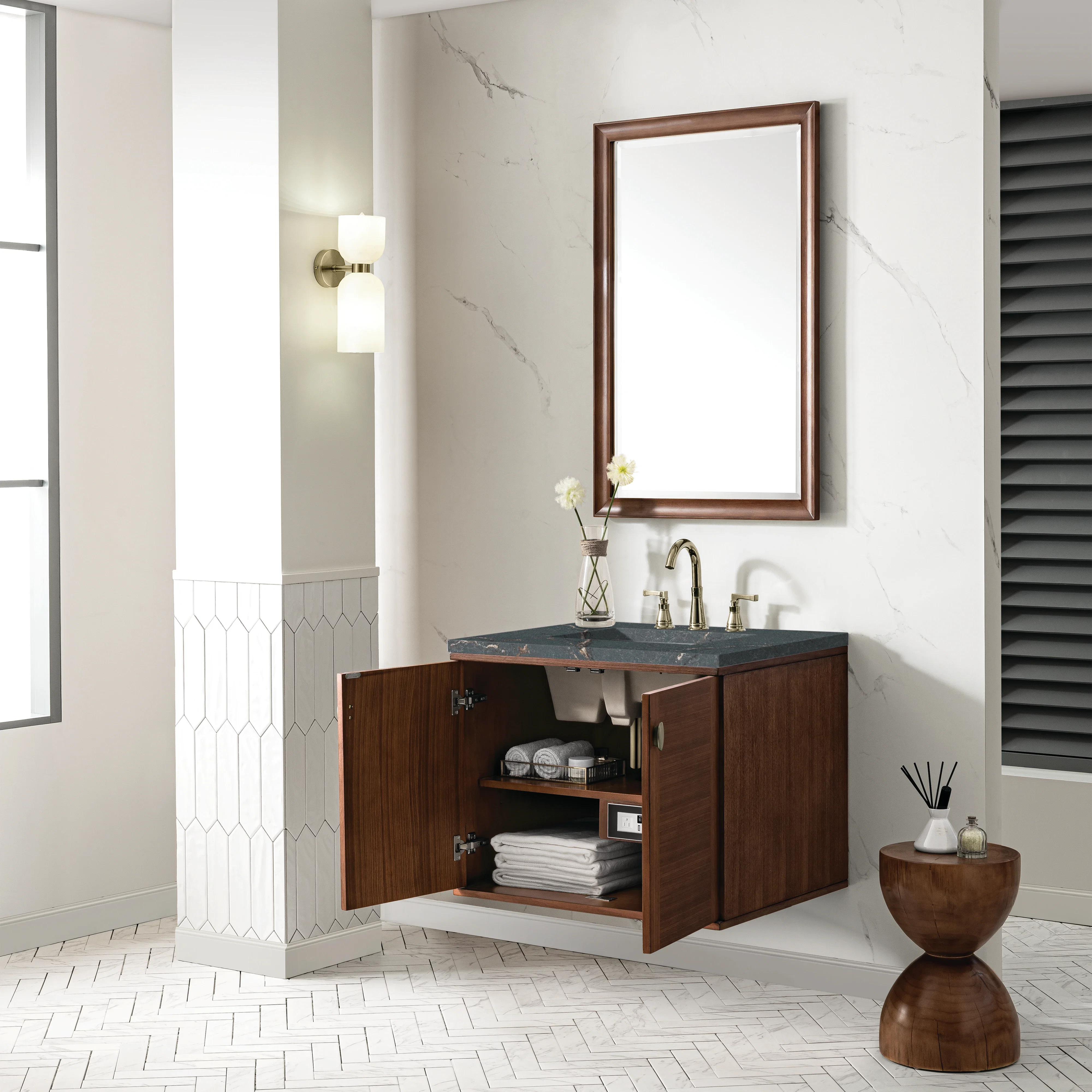 Amberly 30" Single Vanity, Mid-Century Walnut w/ 3 CM Parisien Bleu Top