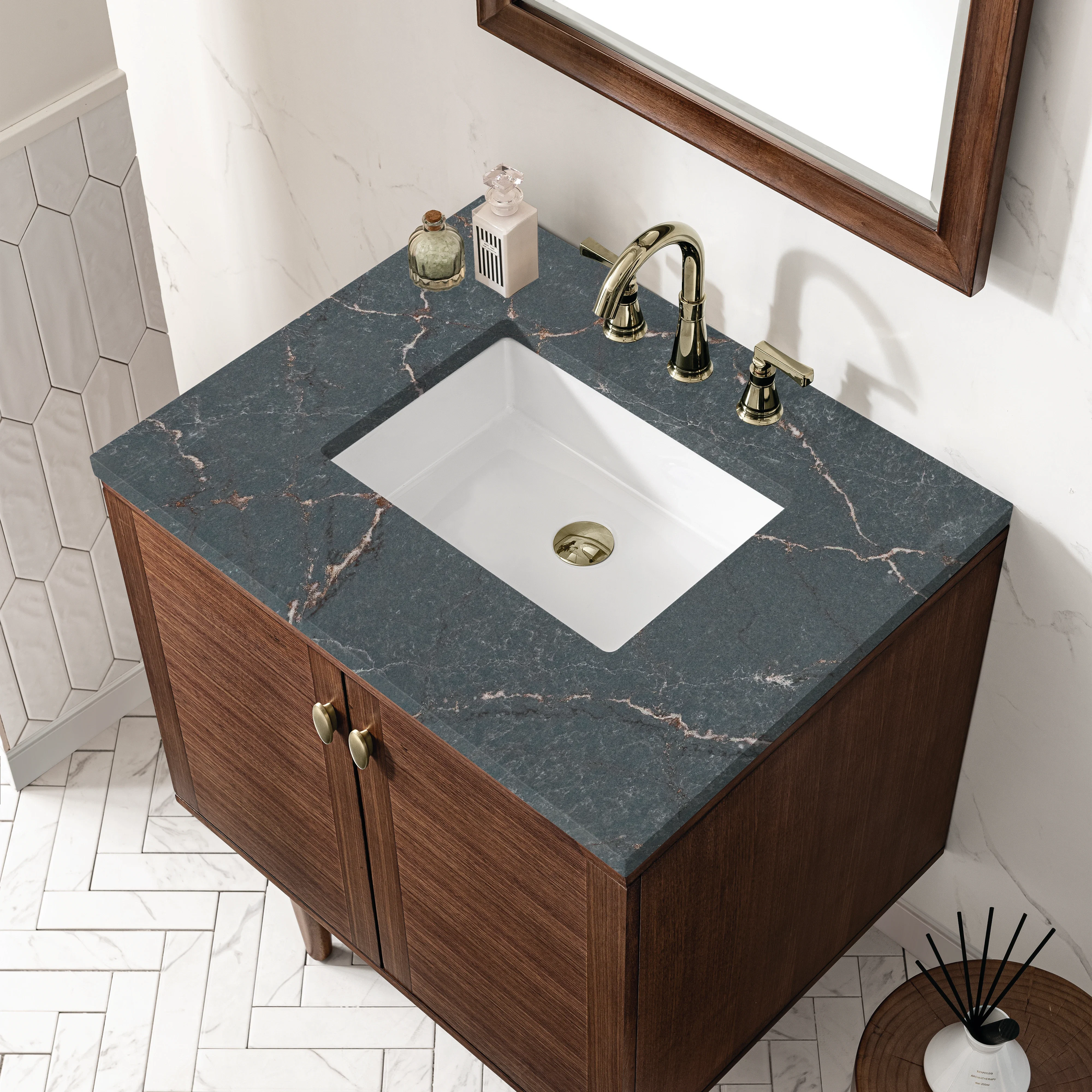 Amberly 30" Single Vanity, Mid-Century Walnut w/ 3 CM Parisien Bleu Top